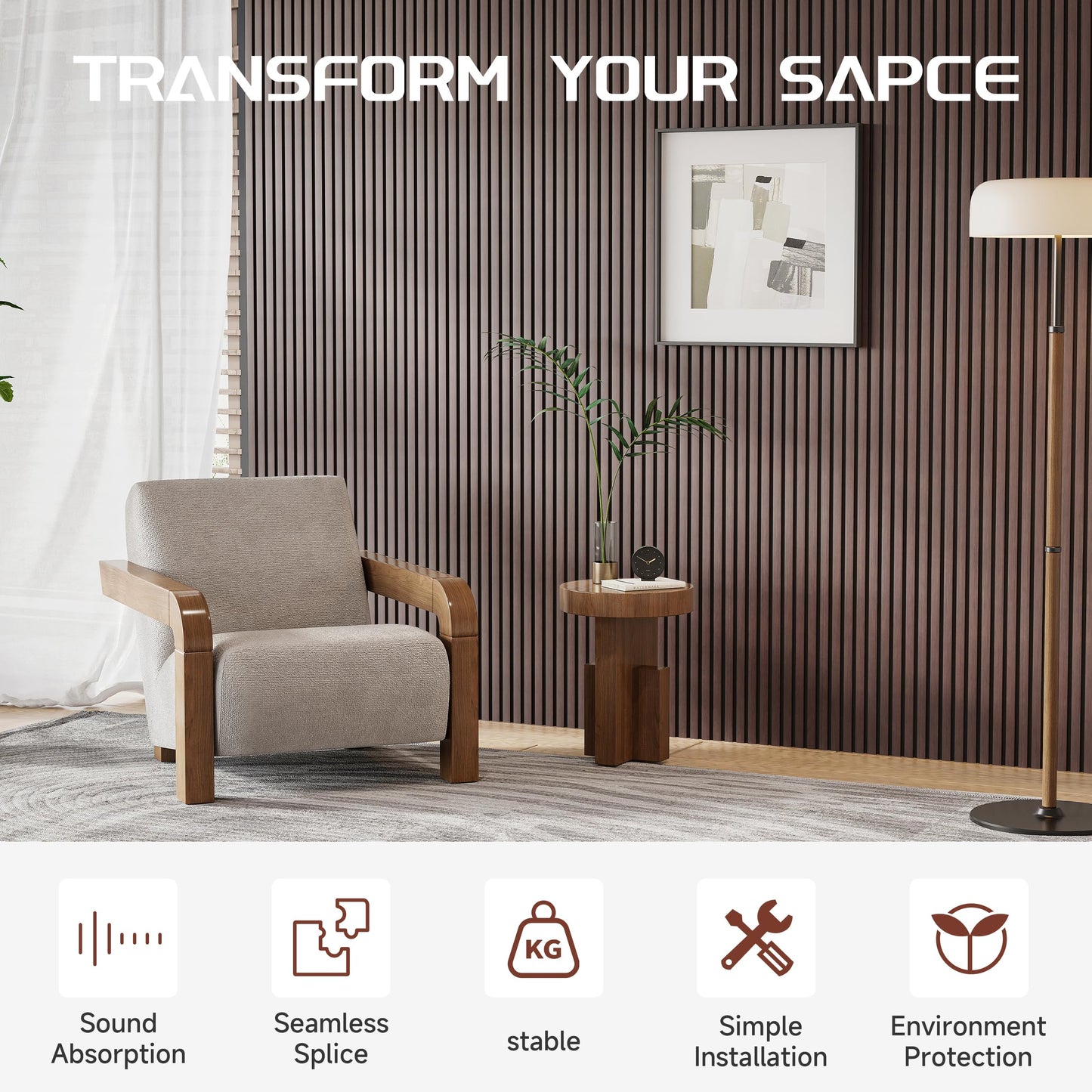 POHARE Wood Slat Wall Panels, 2 Pack 8 x 1 ft Decorative Wood Panels for Wall,Stylish Wall Panels for Interior Wall Decor, Modern Acoustic Wood Wall Panels with Felt Backing, Walnut