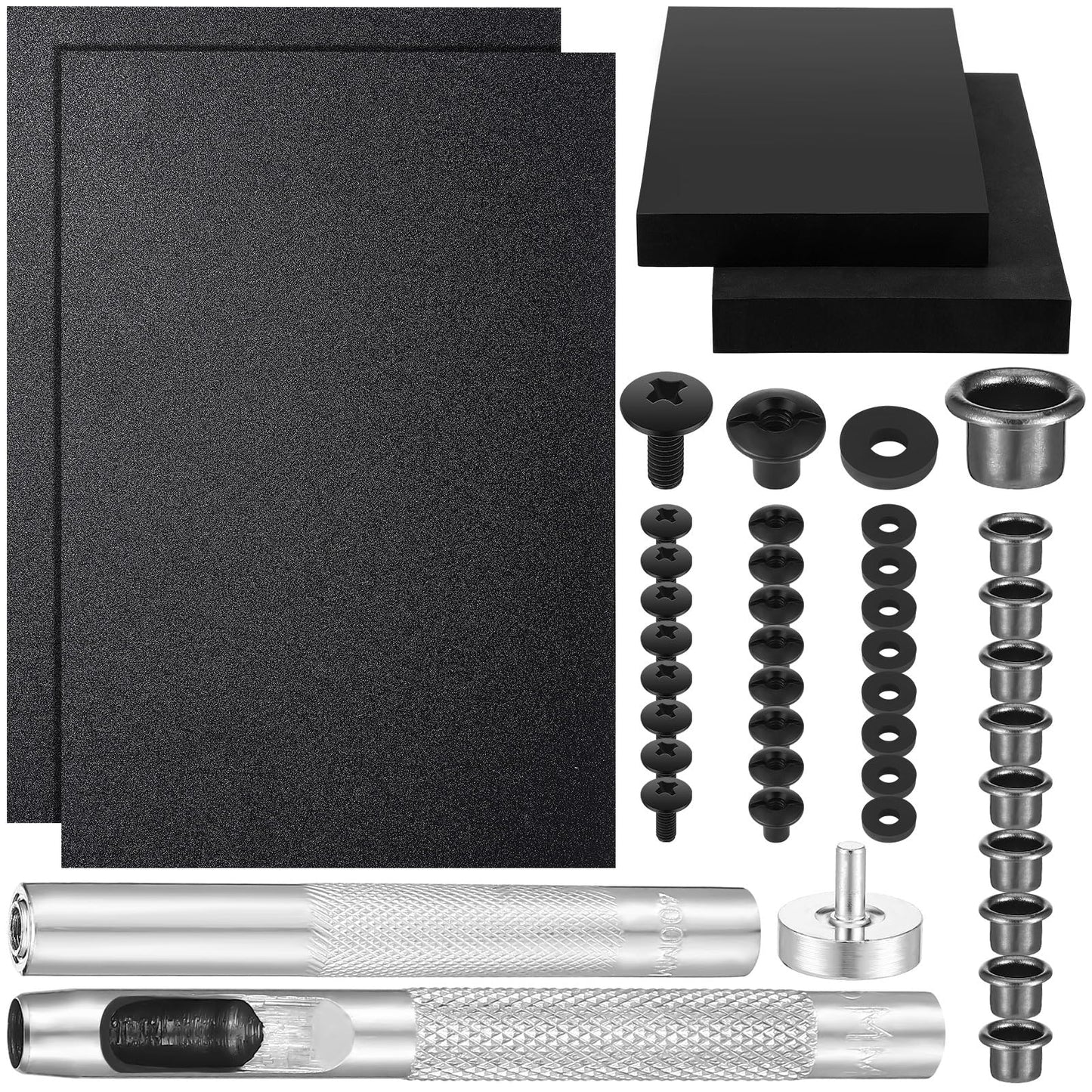 RoundFunny 87 Pcs DIY Holster Kit Include Thermoform Molding Foams Sheet Eyelet Hand Setter Cross Recessed Screw Head Open Slotted Fastener Rubber Washer for Making Knife Sheath(Classic,Black)