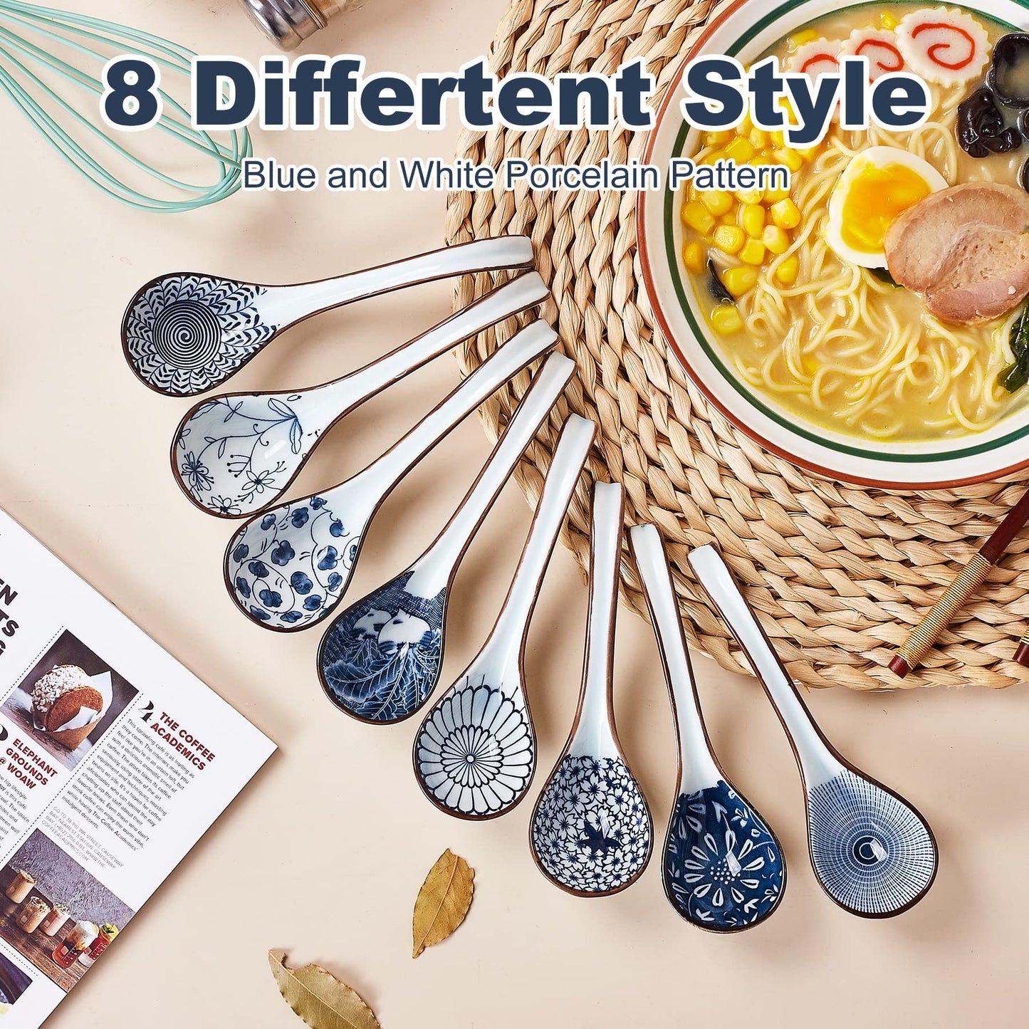 Ceramic Asian Soup Spoons, Easy to Hold, Long Handle Perfect Depth Spoon Set for Japanese Ramen Noodles, Chinese Dumpling, Pho, Miso, Wonton, Dishwasher Safe -Set of 8 - Blue