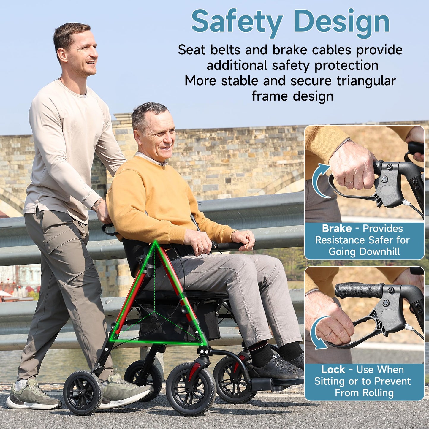 StrollAid Walkers for Seniors, 2 in 1 Rollator Wheelchairs Combo 10" Big Wheels Walker with Seat, Rollator Transport Chair with Brakes Folding Rolling Walker for Adults, Red