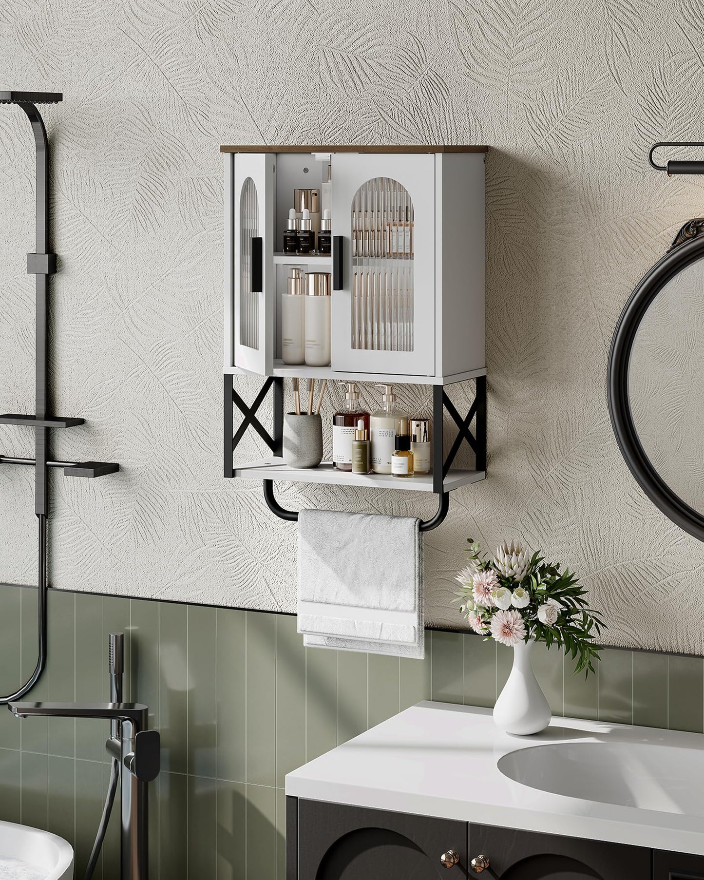 CHOEZON Bathroom Wall Cabinet, Medicine Cabinet with Adjustable Shelf and Towel Bar, Storage Cabinet Wall Mount with 2 Glass Doors, for Bathroom, Kitchen, Living Room, Dining Room, White and Walnut