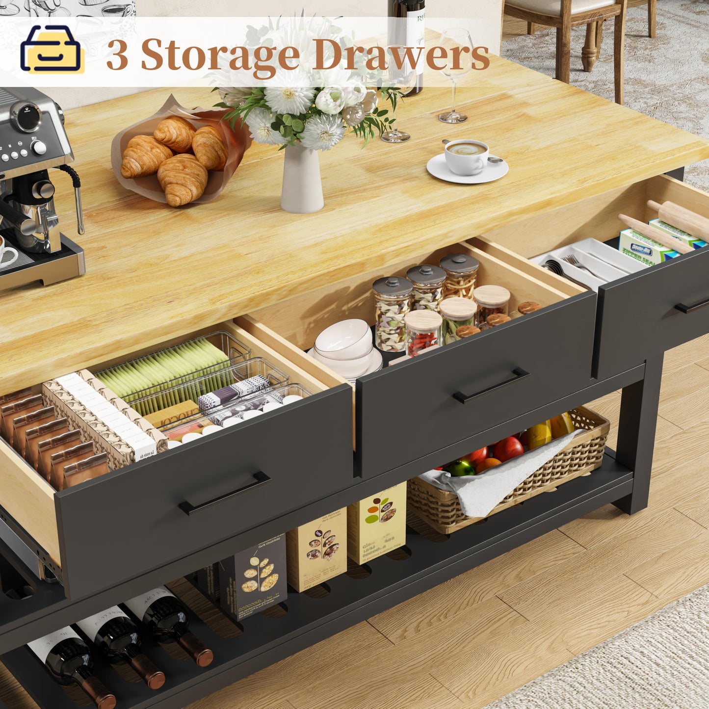 DynJest 60" Solid Rubberwood Kitchen Island with Power Outlets - Extra Large Work Surface, 3 Drawers & 2 Open Shelves Storage Cabinet for Kitchen Dining Room, Farmhouse Style (Black)