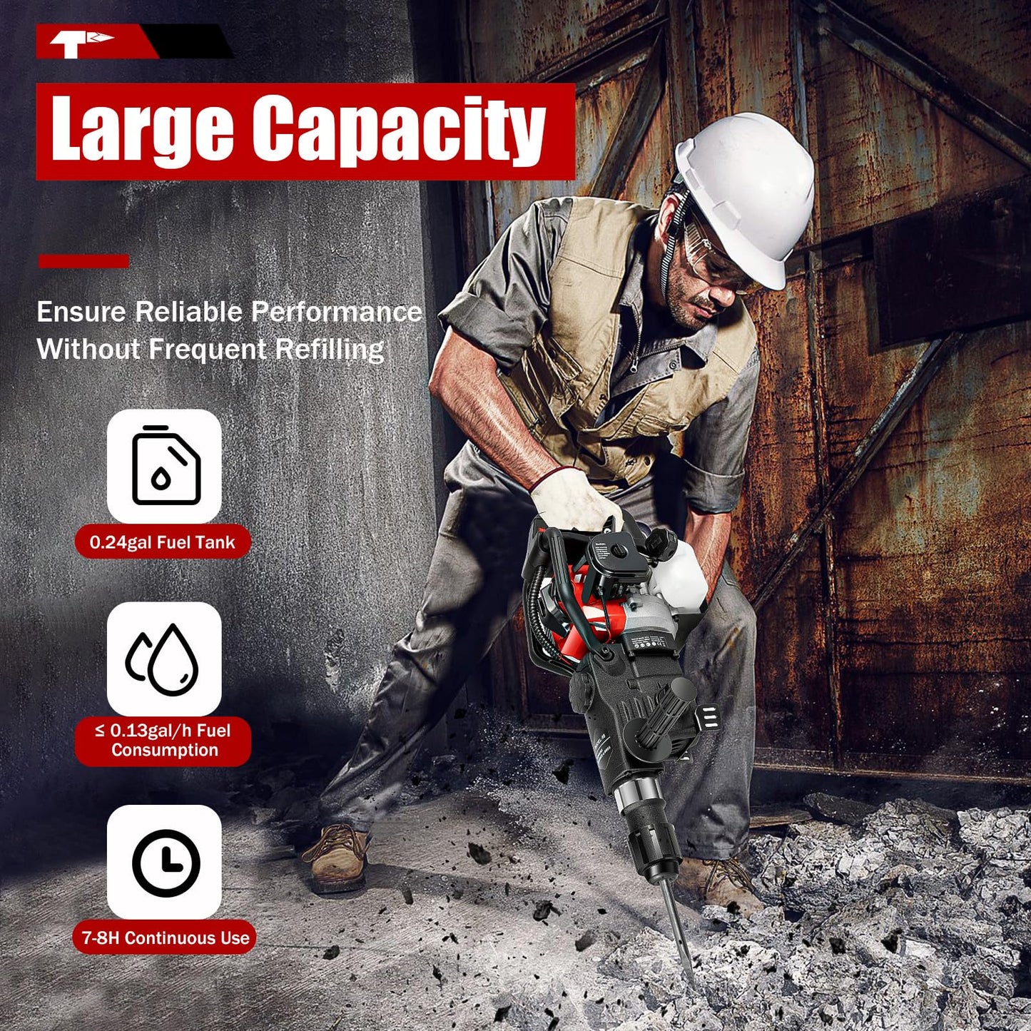 33CC 1000W Gas Powered Jack Hammer, 2-Stroke Hammer Drill, Drilling Machine Breaker Punch Drill Chisels Heavy Duty Gasoline Concrete Breaker Rock Drill for Concrete Breaking, Construction