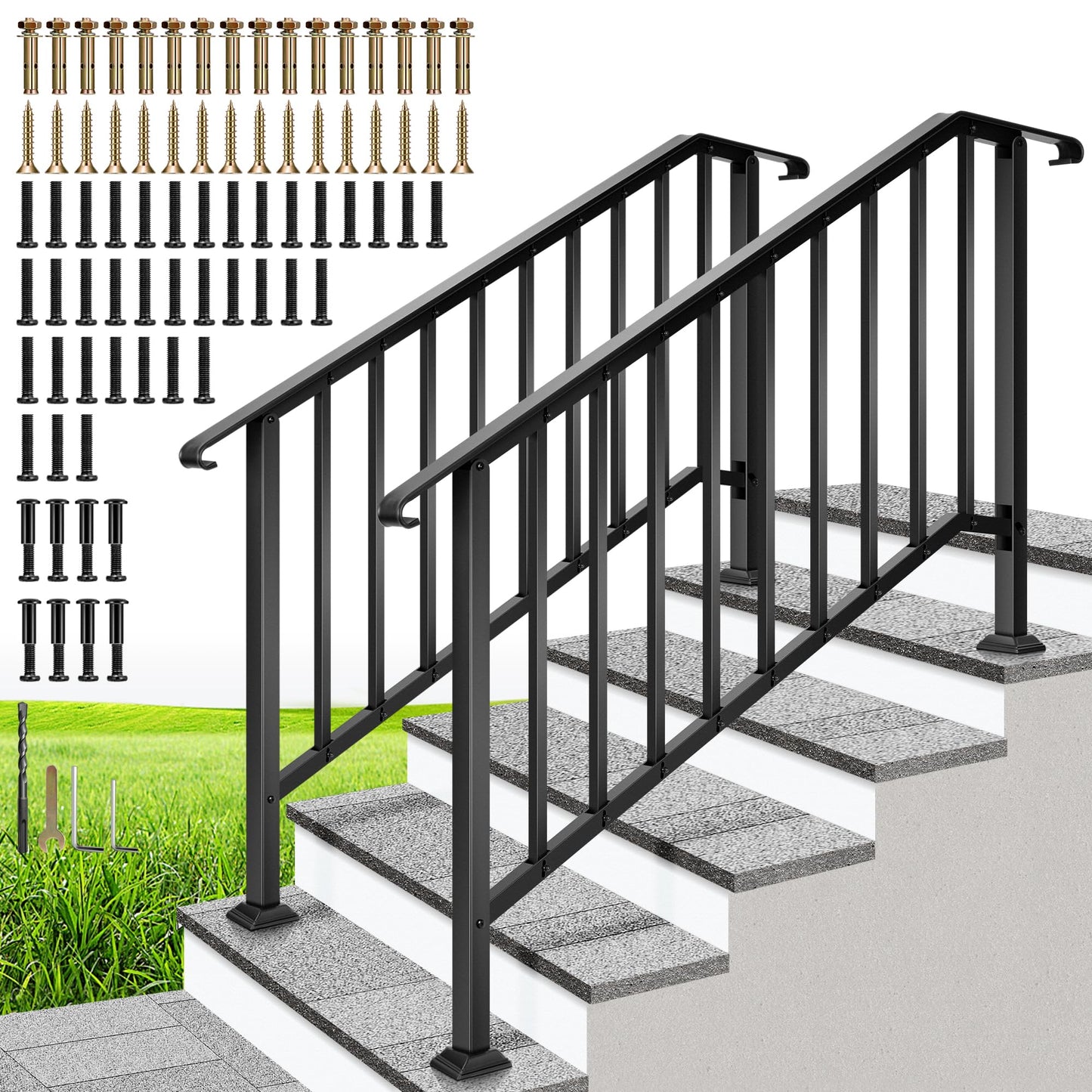 VIVOHOME 2-Pack Galvanized Steel Hand Rails for Outdoor Steps – 54.1" Curved Ends and Safety Balusters Exterior Railing Kit for Porch, Deck, or Indoor Stairs (5-Step, Black)