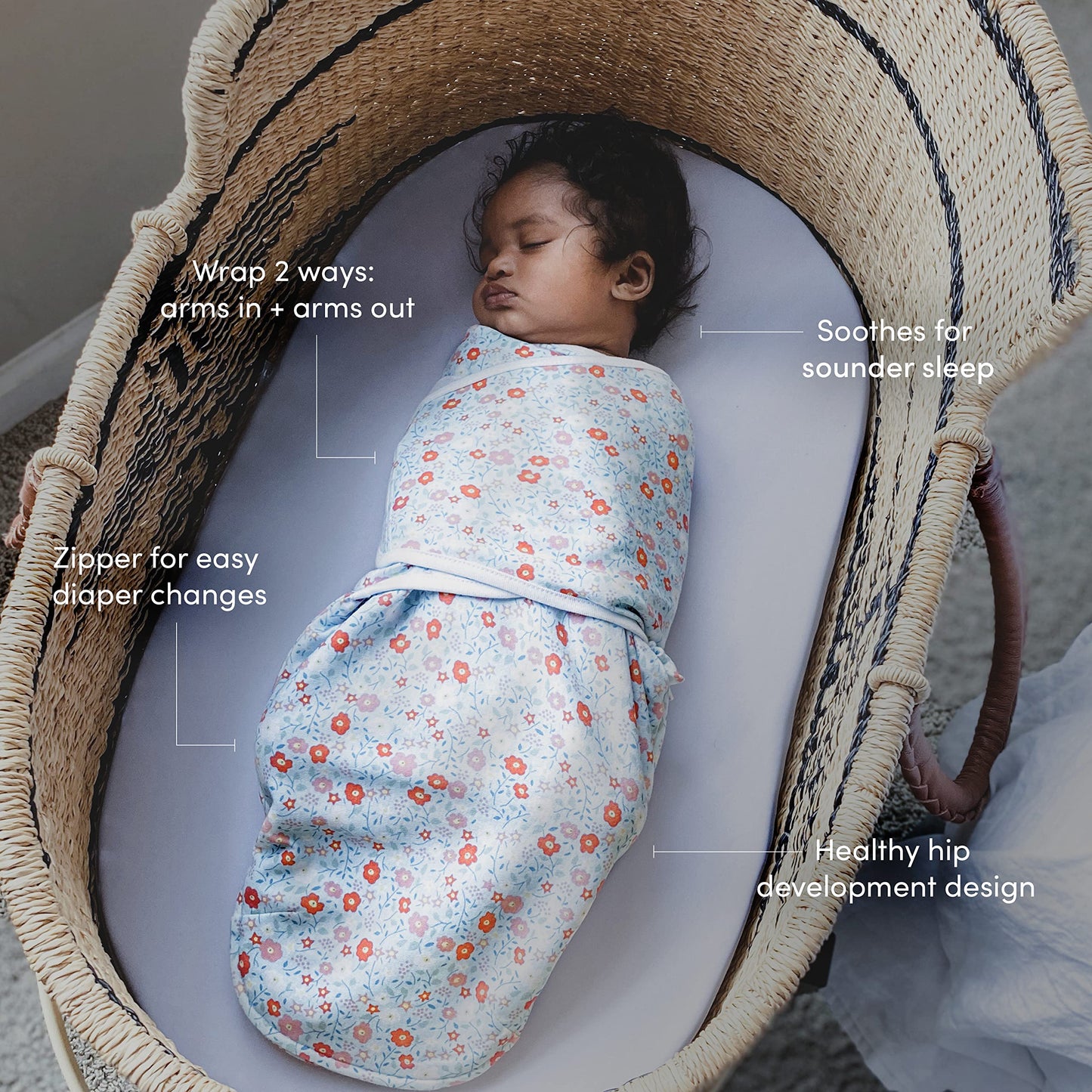 aden + anais Essentials Easy Swaddle Wrap Quick Change with Bottom Zipper, Snug Cotton Knit Baby Wrap Swaddle Blanket for Newborns, TOG 1.0, 5 Pack, Feminine Florals, 0-3 Months, Small/Medium