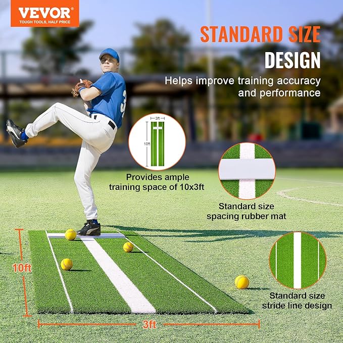 VEVOR 10x3ft Softball/Baseball Pitching Mat with Rubber Mound - Anti-Fade Turf & Anti-Slip Foam Backing, Portable Fastpitch Training Aid for Indoor/Outdoor Practice (Red/Green)