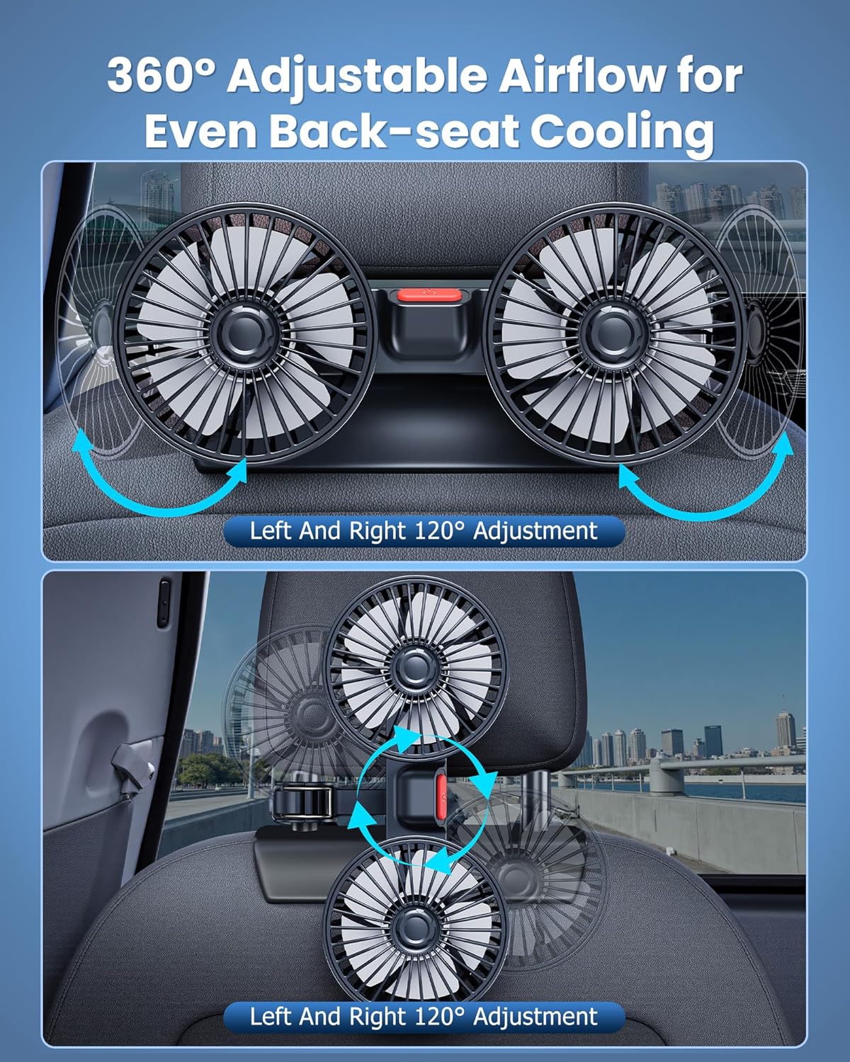 Yatessence 360 12V/24V Dual-Head Rear Seat Car Fan, Powerful Airflow, Rotation, Blows Both Left & Right, Adjustable
