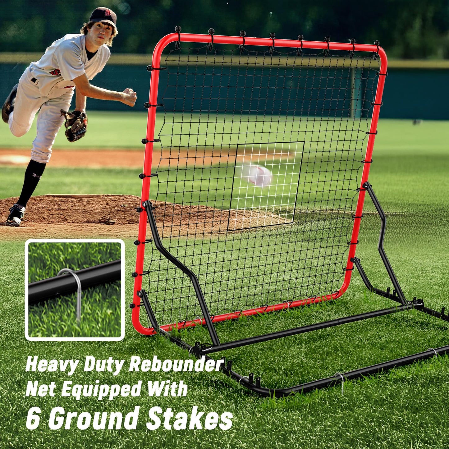 Baseball Rebounder,4x4.5FT Soccer Rebounder with 4 Adjustable Angles, 28 Bungee Cords to Adjust Elastic, Sports Equipment for Soccer/Baseball/Softball/Volleyball Training,Pitchback Net for All Levels