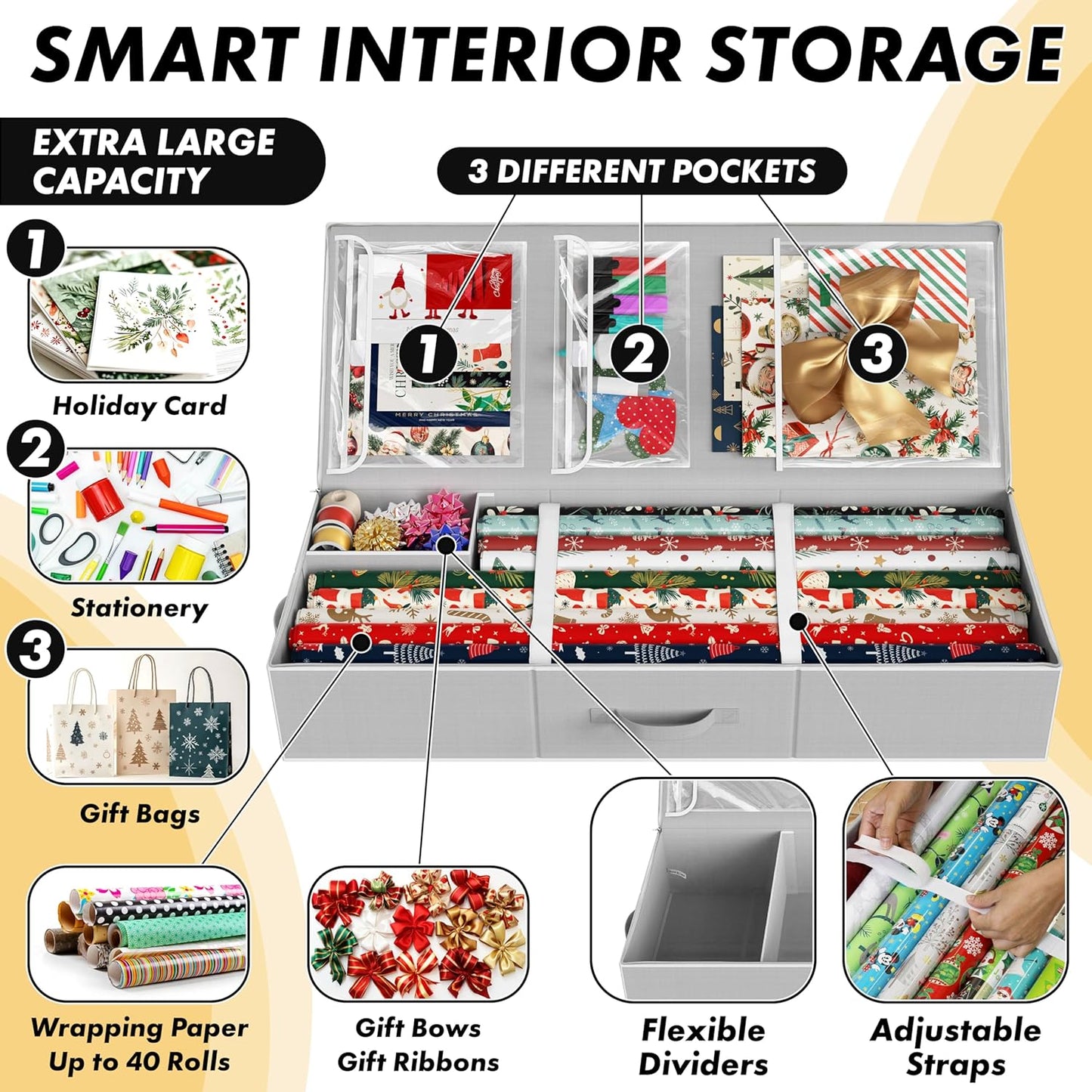 Simple Houseware Wrapping Paper Storage Organizer - Holds 40 Rolls, Adjustable Straps & Clear Pockets, 41.5''L x 16''W, Gray
