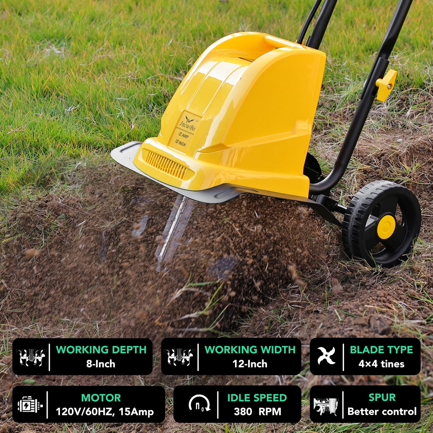 IncwBo Electric Tiller/Cultivator 4 Steel Tines, Garden Roto Tillers for Gardening, 15Amp 12 Inch Corded Rototiller with Adjustable Wheels