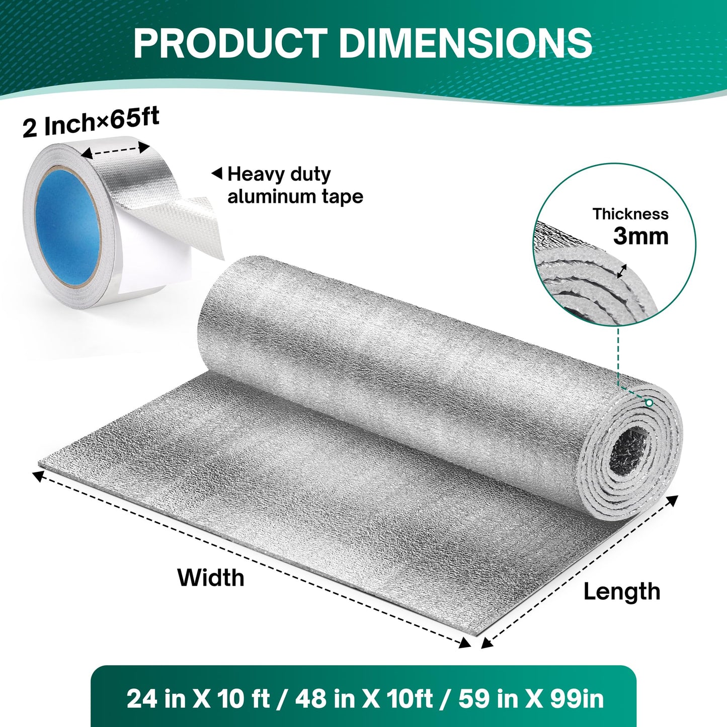HADOR Reflective Window Film Insulation Roll 48 in X 10 Feet, Foil Aluminum Roll Double-Sided Foam Core, Summer Window Heat Blocker for RV/Windows/Garage Door - Folded Package