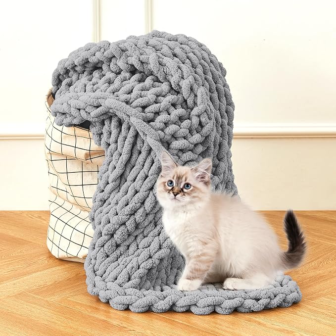 Admitrack Chunky Knit Blanket Throw, 100% Hand Knit Chenille Throw Blanket for Sofa & Home Decor, Soft and Cozy Knitted Throw Blankets (Dark Gray，51"x63")