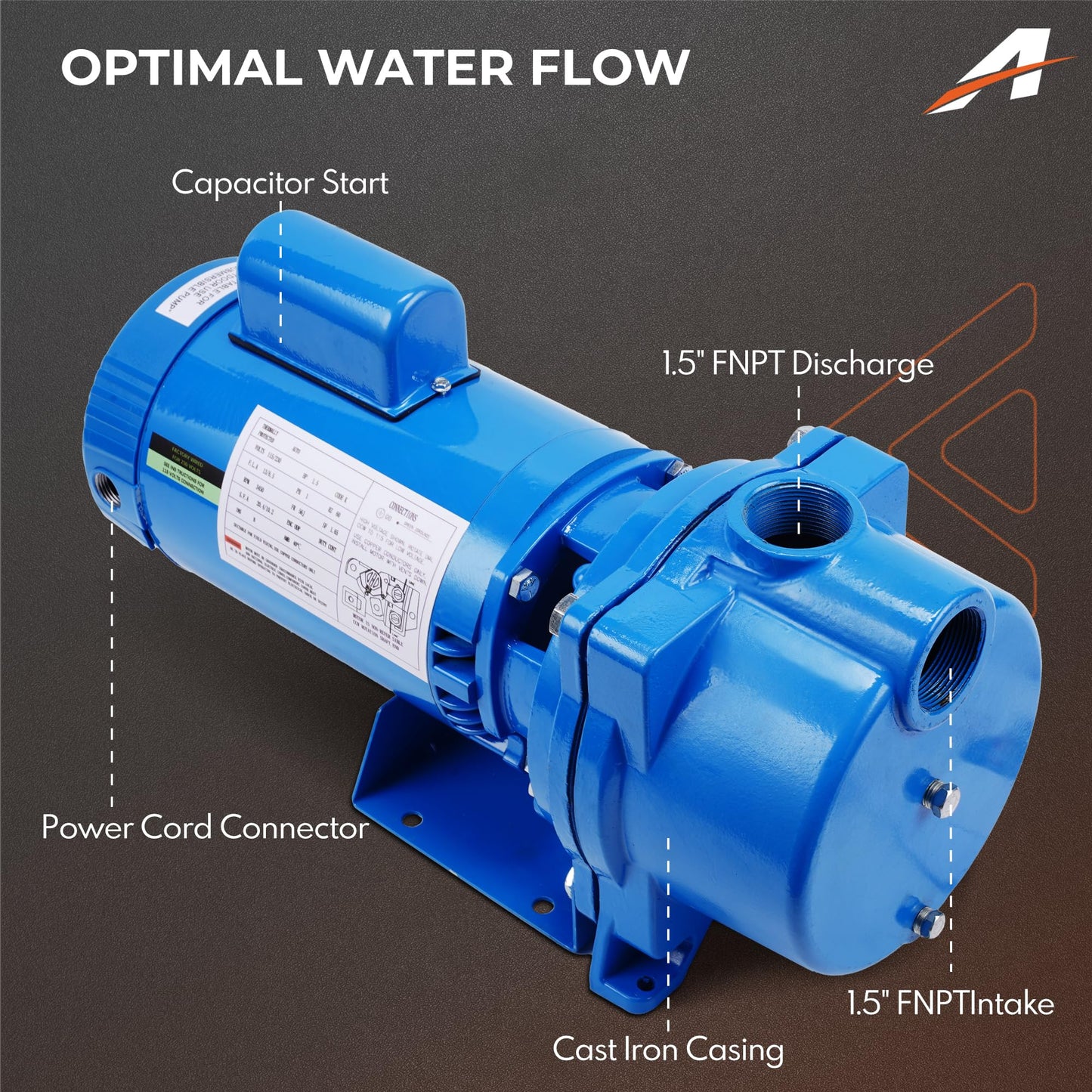 GT15 Self-Priming Centrifugal Pump Fit For Agricultural & Landscape Irrigation - 1.5HP Single Phase Cast Iron Water Pump