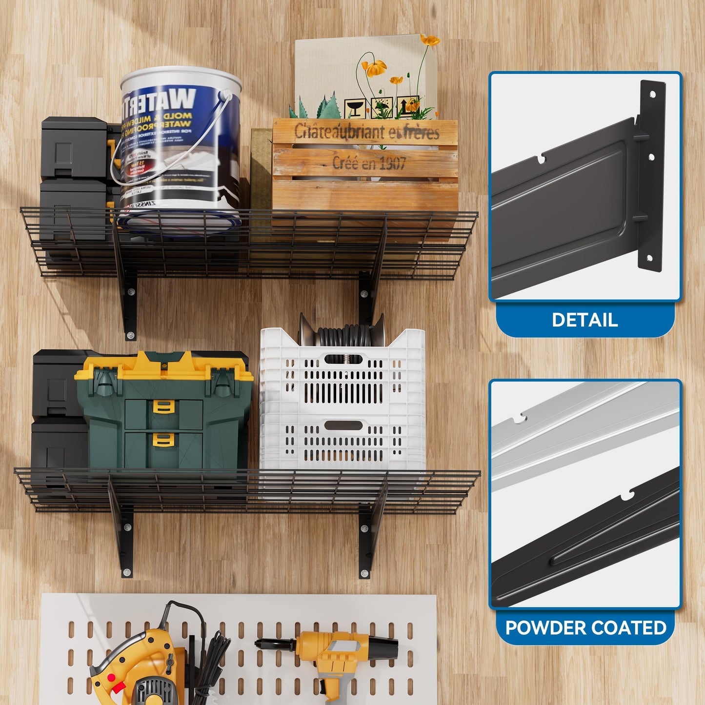 STORKING 2-Pack 2x6ft Garage Wall Shelving, 24"x72" Shelf Storage Rack Floating Shelves Wall Mounted, Heavy Duty Storage Shelves, 800lbs Load Capacity, with 16 Hooks for Garage Organization, Black
