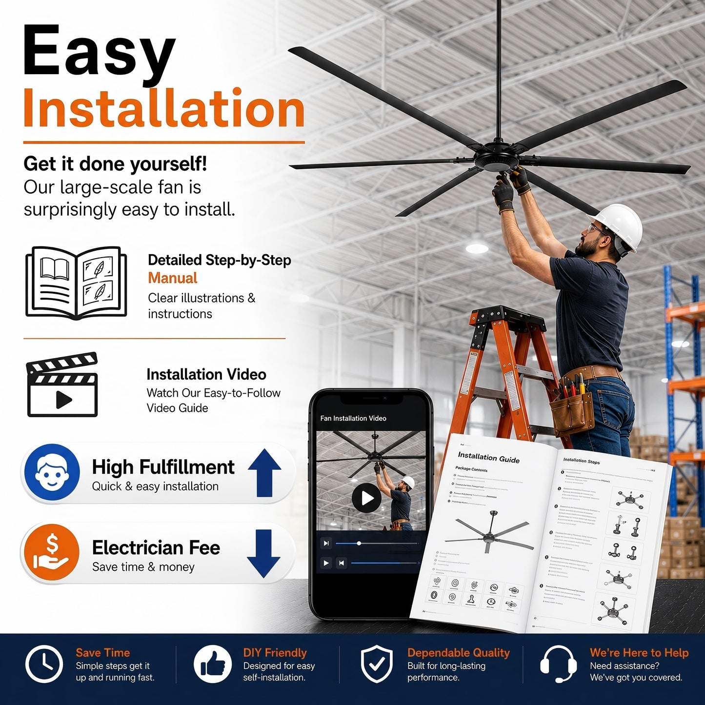 120 Inch Ceiling Fans without Lights Big Industrial Black Ceiling Fan for Shop Garage Gym, 6-Speed Reversible DC Motor Outdoor Ceiling Fans for Patios, Commercial Fan with Remote, 6 Aluminum Blades