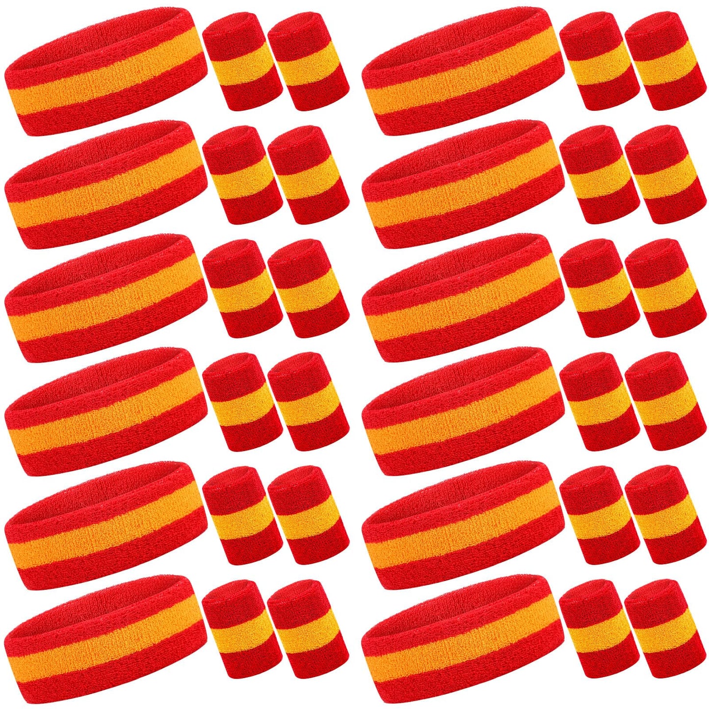 Eurzom 36 Pcs Sweatband Set - 12 Sweat-Absorbing Headbands and 24 Cotton Wristbands for Men, Women, Gym, Sports (Red, Yellow)