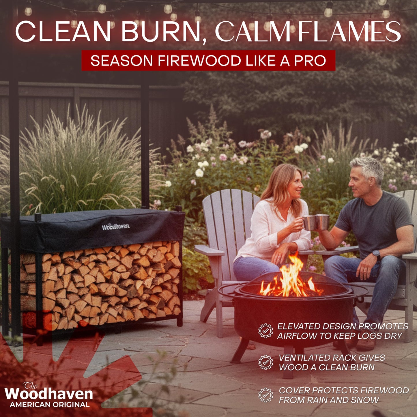 Woodhaven 6 Foot Black - Heavy Duty Made in the USA - Outdoor Cord Firewood Storage Log Rack With Seasoning Cover Set - Metal Firewood Rack With UV-Stable Powder Coat