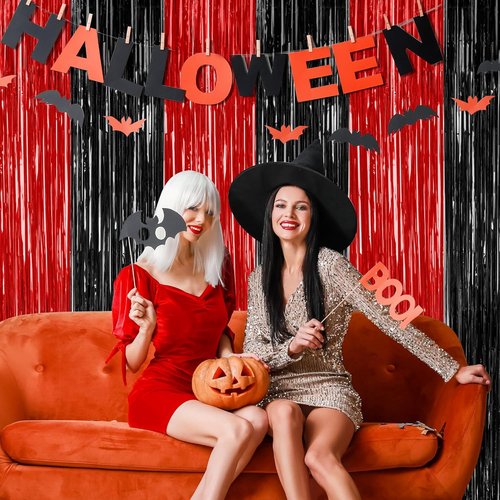 8 Pack Halloween Party Supplies - Red & Black Foil Streamer Tinsel Backdrop | 3.28 FT x 7.05 FT