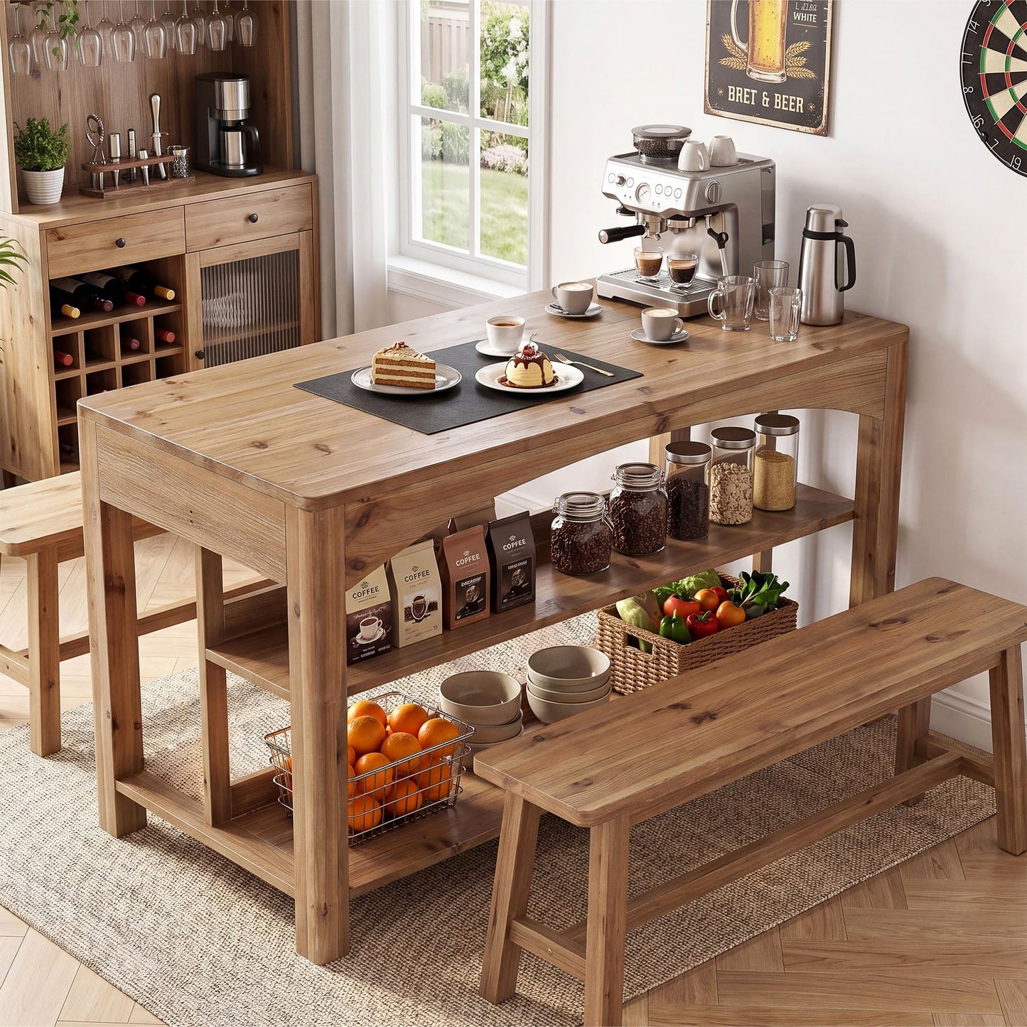 TRIBEWOOOD 59 Inches Kitchen Island with Storage, 3-Tier Solid Wood Stationary Island Table with Open Shelves, Large Prep Table for Kitchen Dining Room, Rustic Brown