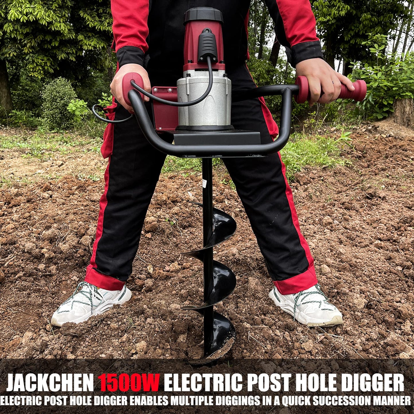 JACKCHEN 1500W Electric Post-Hole Digger with 6-Inch Auger Bit, Earth Auger Drill, Auger Bit Earth Auger, Ideal for Post Hole Digging, Drilling, Tree Planting, Red