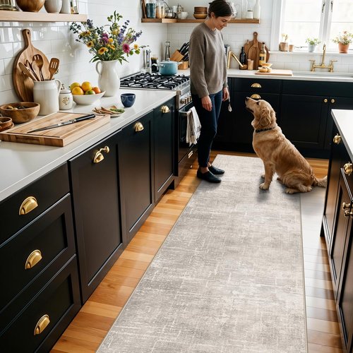 Abstract Kitchen Rug Runners | Washable Non-Slip 10ft Soft Indoor Area Rug - Beige/Cream (2x10)