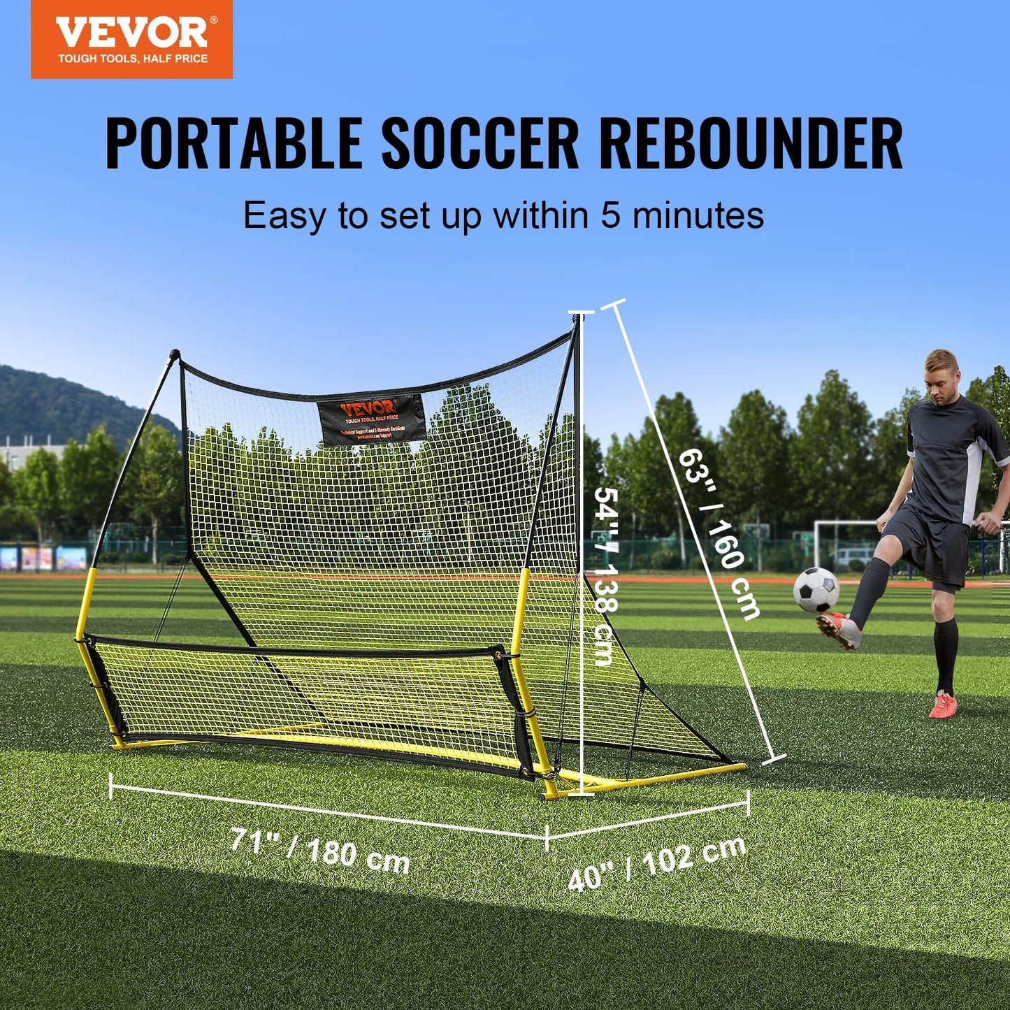 VEVOR Soccer Trainer, 2-in-1 Portable Soccer Rebounder Net, 71"x40" Iron Soccer Practice Equipment, Sports Football Rebounder Wall with Portable Bag, Perfect for Team Solo Training, Passing, Volley