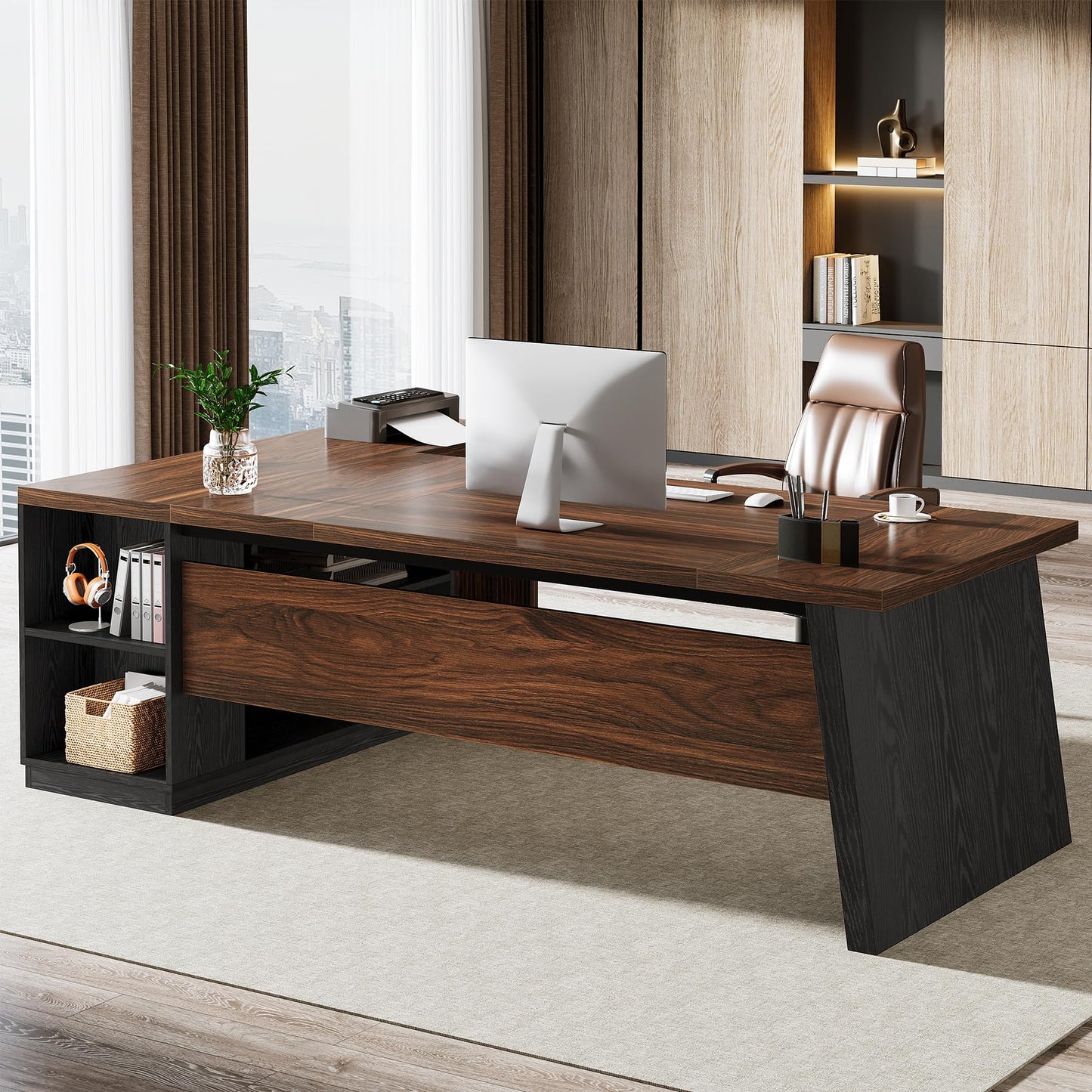 Tribesigns 78" L Shaped Executive Desk, Large Office Desk with Drawers and Storage Shelves, Modern Corner Computer Table Business Furniture for Home Office (Walnut & Brown)