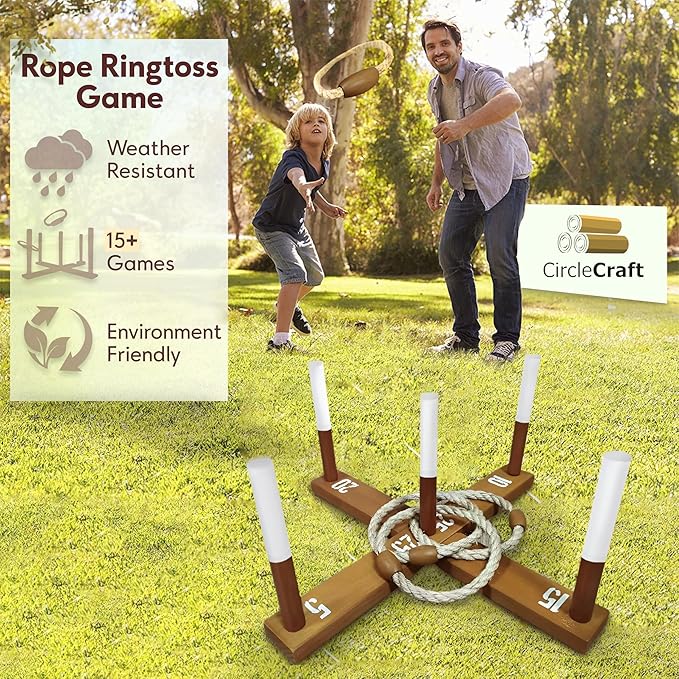 Outdoor Ring Toss Game for Adults - Perfect Lawn and Backyard Game for Adults and Family - Outdoor Yard Games for Fun Activities on Easter and Festivals - Wooden Ring Toss with Carrying Case