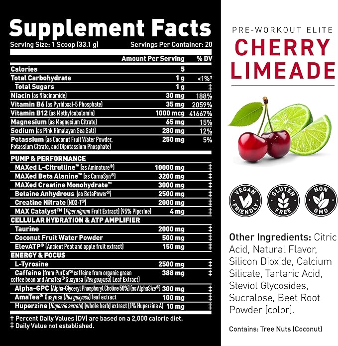 Kaged Pre Workout Elite Powder | Cherry Limeade | Pre-Workout with Creatine, Beta Alanine, L-Citrulline, BCAAs | 388 mg Organic Caffeine | Pre Supplements for Men & Women | 20 Servings