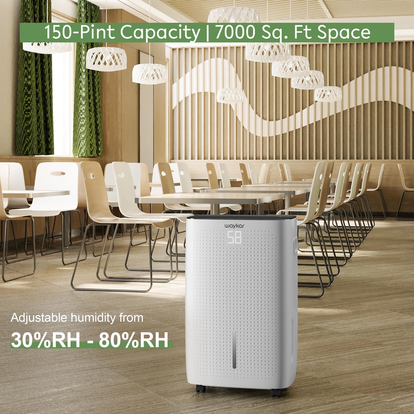 Waykar 150 Pint 7,000 Sq.Ft Dehumidifier with Pump for Basement & Home, Large Room, Smart Compressor Dehumidifier with Drain Hose & Tank for Commercial, 30–80% RH Control, 90° Auto Swing, Auto Defrost