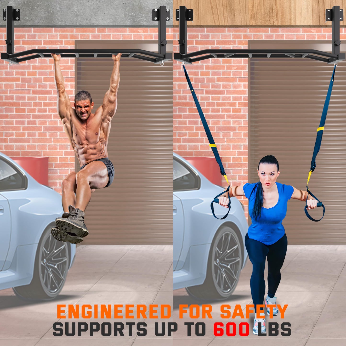 HWOOUSA 48" Joist Mounted Pull Up Bar, 600LBS Heavy Duty Multi Grip Ceiling Mount Chin Up Bar, Ceiling Beam for Home Gym/Garage/Basement with 5-Height Adjustable& Round Anchors, Easy to Install