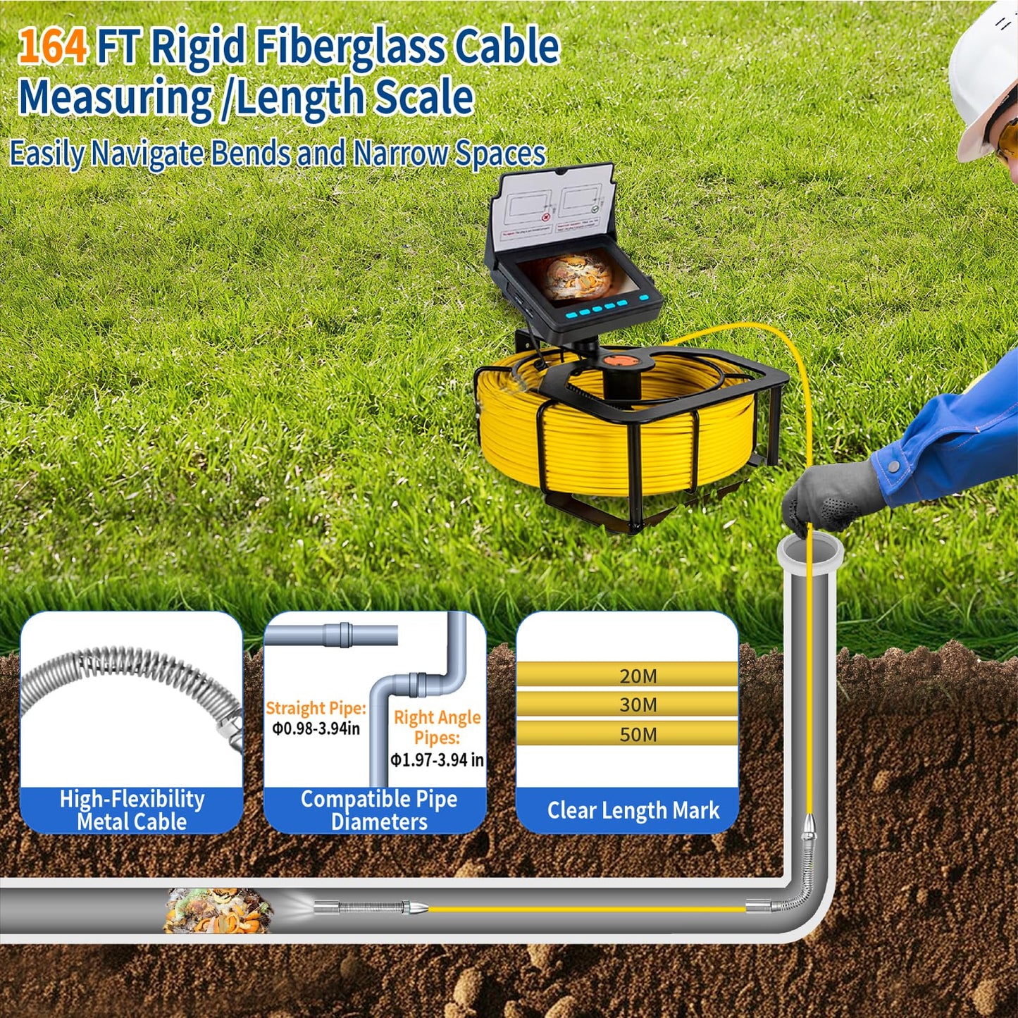 Willsily Drain Inspection Camera,4.3" Industrial Endoscope with DVR Function and LED Lights IP68 Waterproof Sewer Camera 8-10H Battery Borescope for Home Drain Pipe Plumbing(98.4ft/30m)