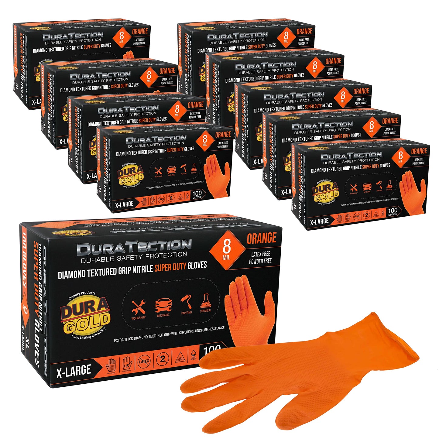 Dura-Gold Duratection 8 Mil Orange Super Duty Diamond Textured Nitrile Disposable Gloves, 10 Boxes of 100, X-Large - Latex Free, Powder Free, Food Safe, Safety Protection Work Gloves, Industrial