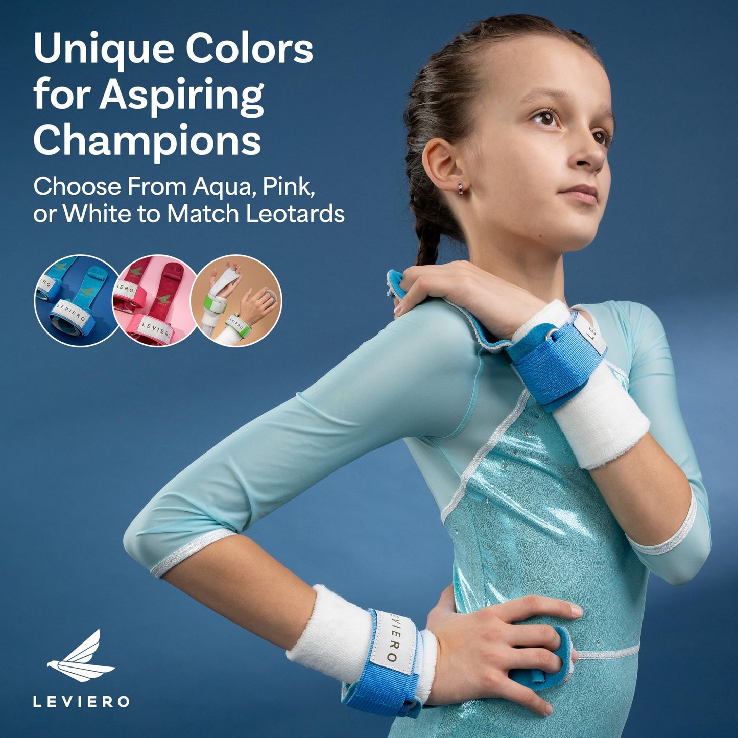 LEVIERO Gymnastics Grips Set Narrow Nippers, Grips for Gymnastics Girls, Dowel Grips with Soft Leather, Hook and Loop Wrist Straps, and Adjustable Finger Holes, for All Ages - (Aqua, 00)