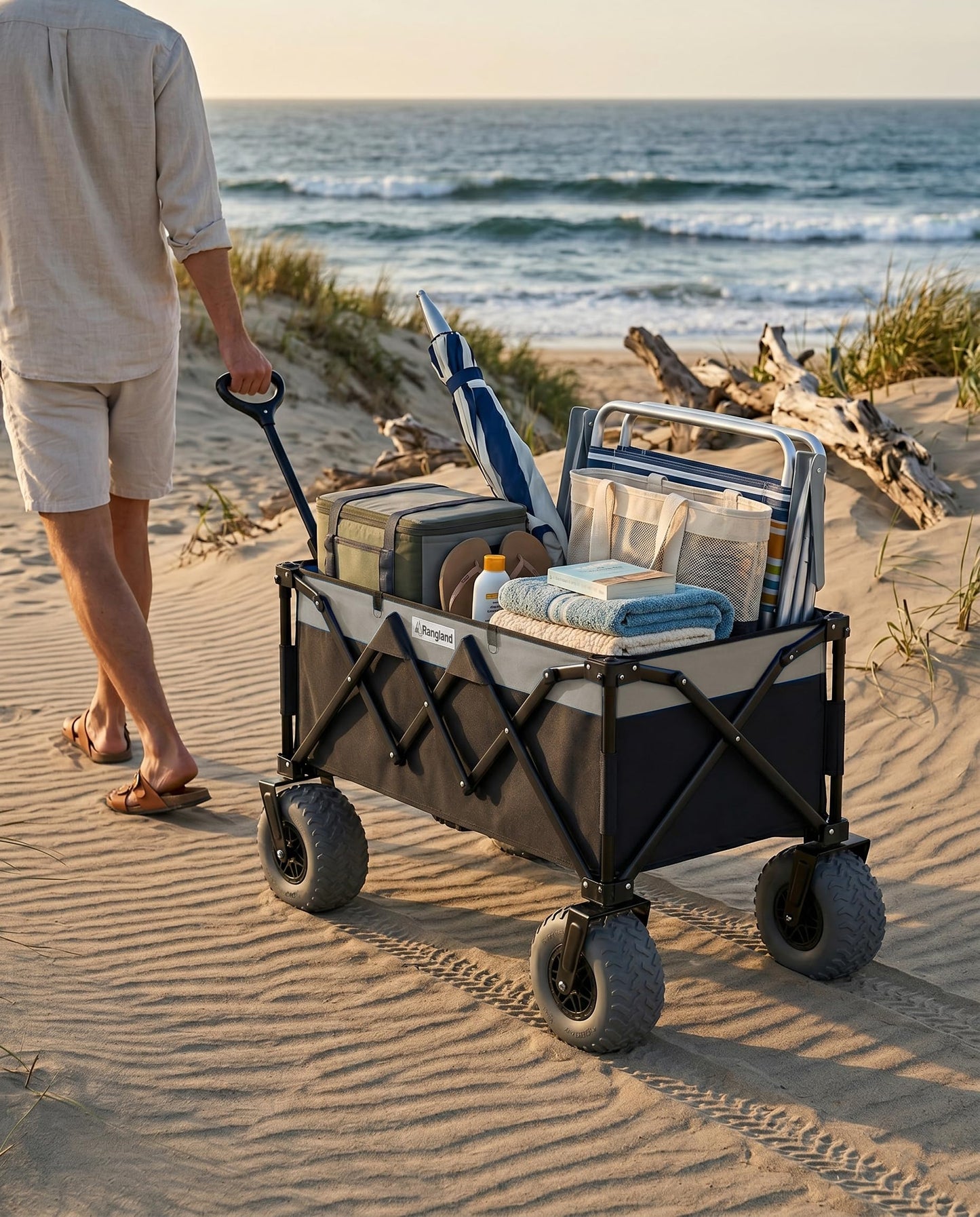 Beach Wagon with Heavy-Duty 10" Air Tires - All Terrain Folding Card with Big Wheels for Sand and Gravel - 300 LB. Capacity (Black/Gray)