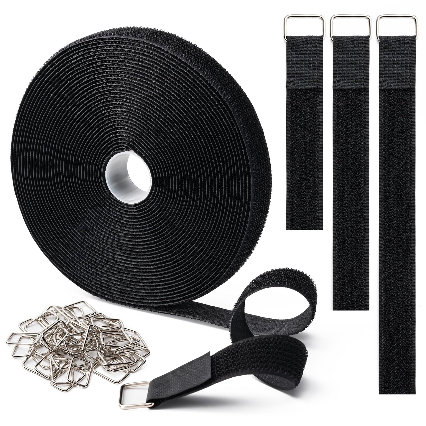 1" x16Ft Hook and Loop Straps with 25 Metal Buckles, Adjustable Fastening Cable Straps, Free Cut Length, Reusable Nylon Cable Ties for Organizer or Storage, Black