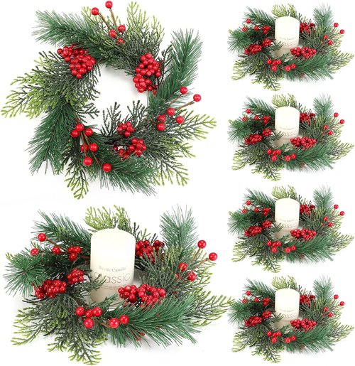 Knitgrip Mini Christmas Candle Rings - 4 Pcs Red Berry Pinecone Wreaths for Holiday Decor | Table Centerpiece