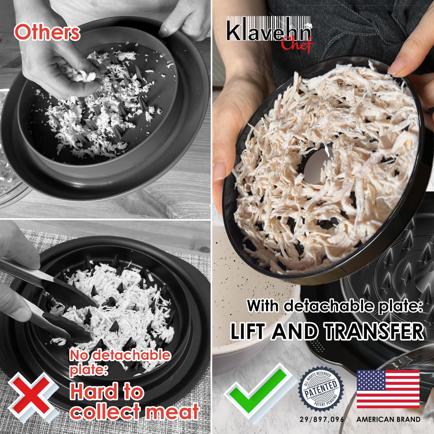 American brand 3-Layer Chicken Shredder w/Detachable Plate + Special Brush, Double Anti-Slip, BPA Free, Heat Resistant, Dishwasher Safe | Chicken Breast Shredding Tool Twist, Beef, Pork, Meat Grinder