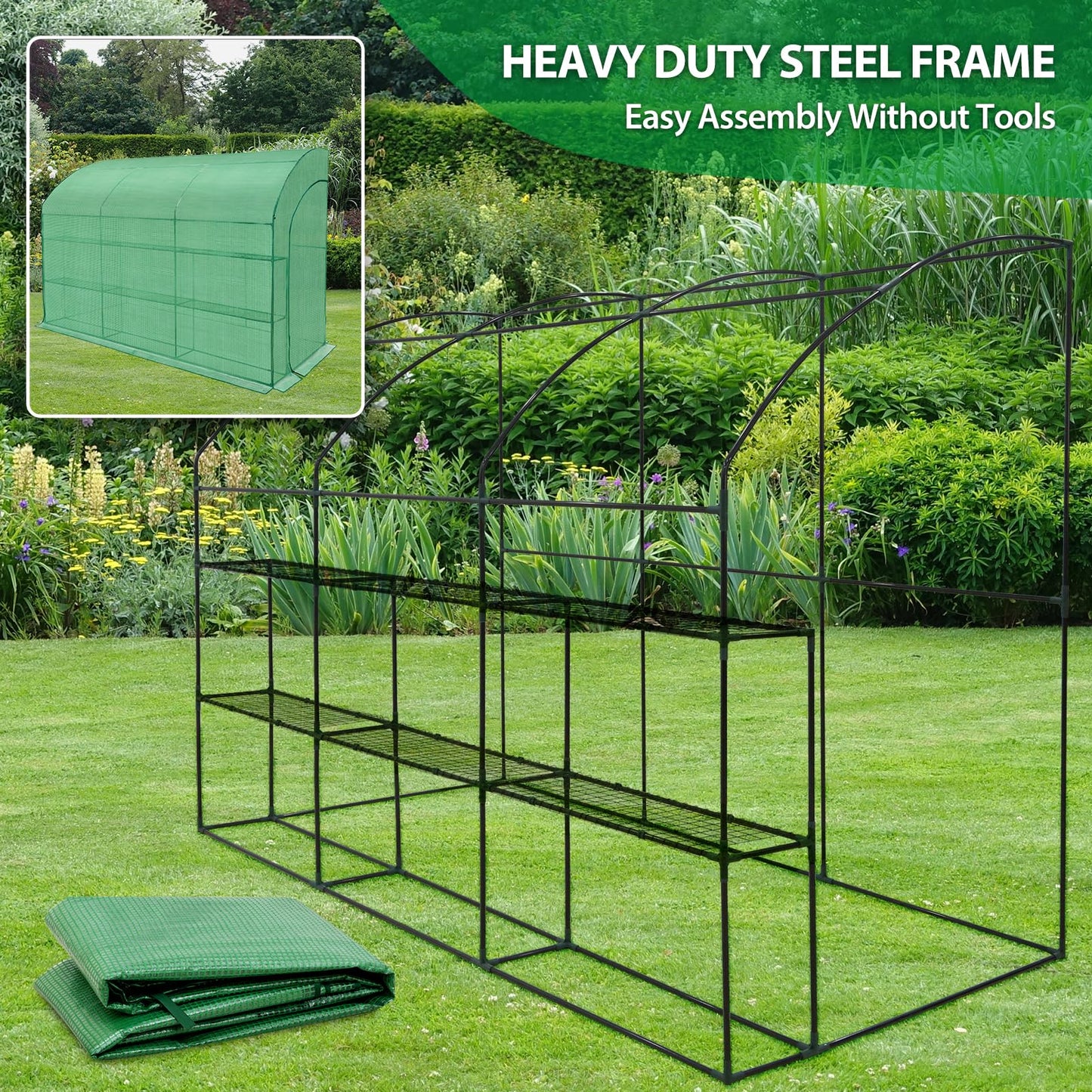 EAGLE PEAK 3 Tier Lean to Portable Greenhouse, Heavy-Duty Indoor & Outdoor Garden with Wire Shelves, 2 Roll-Up Zipper Doors, Easy Assembly, 120"x60"x84" Clear/Green PE Cover