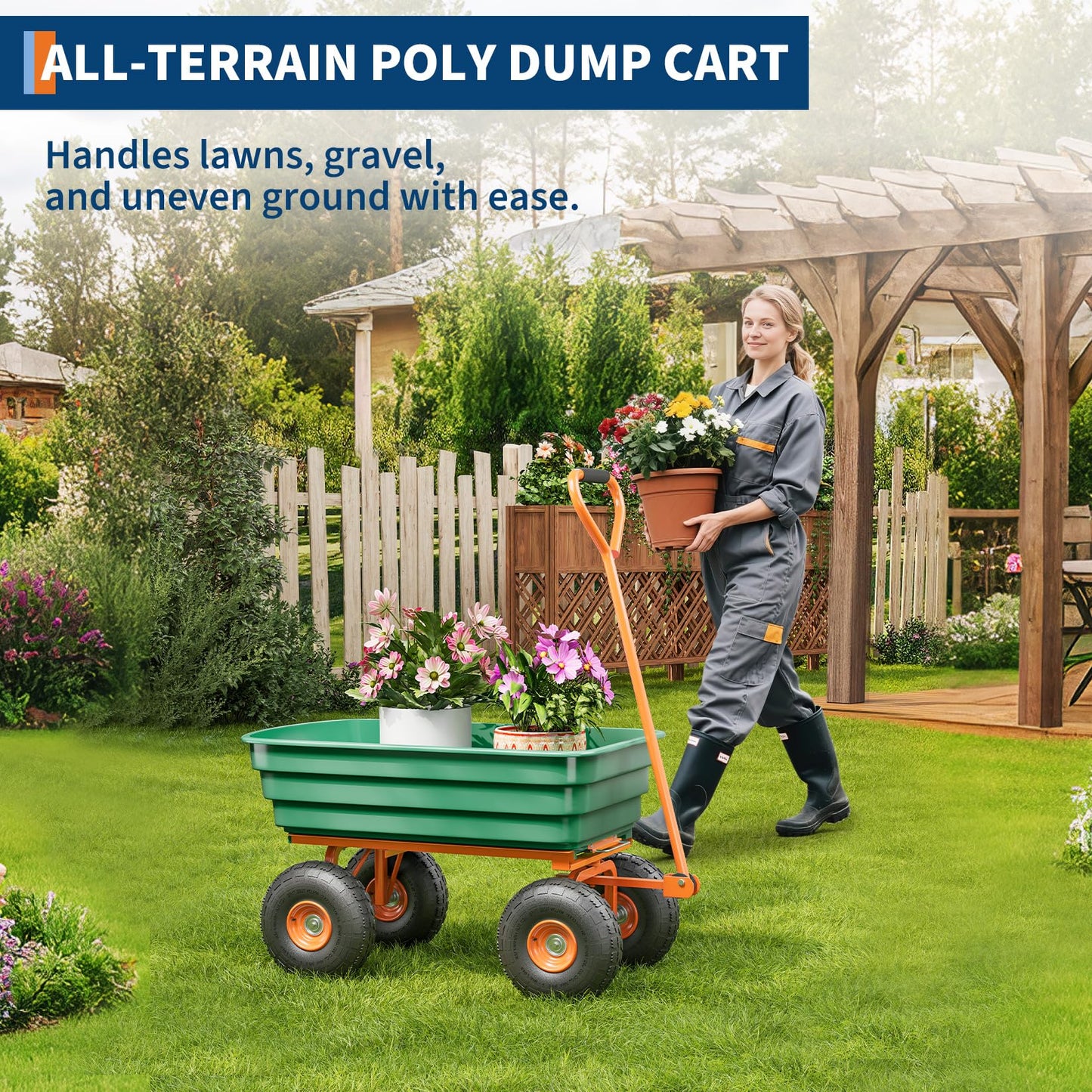 GlowSol Heavy Duty Garden Dump Cart - 1200 lbs Capacity Utility Wagon, 7 Cubic Feet - 180° Adjustable Handle, 13" All-Terrain Tires, Quick Release - Perfect for Yard, Lawn, Landscaping