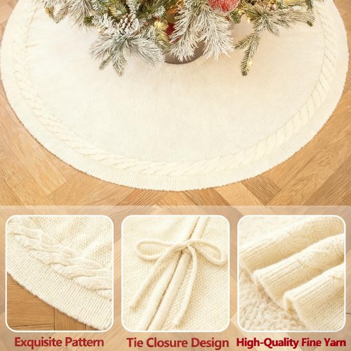 48 inches White Knitted Christmas Tree Skirt: Thick Cable Knit Round Cream Tree Skirt for 6-8FT Tree Rustic Neutral Farmhouse Christmas Decor Tree Base Cover Xmas Home Decorations