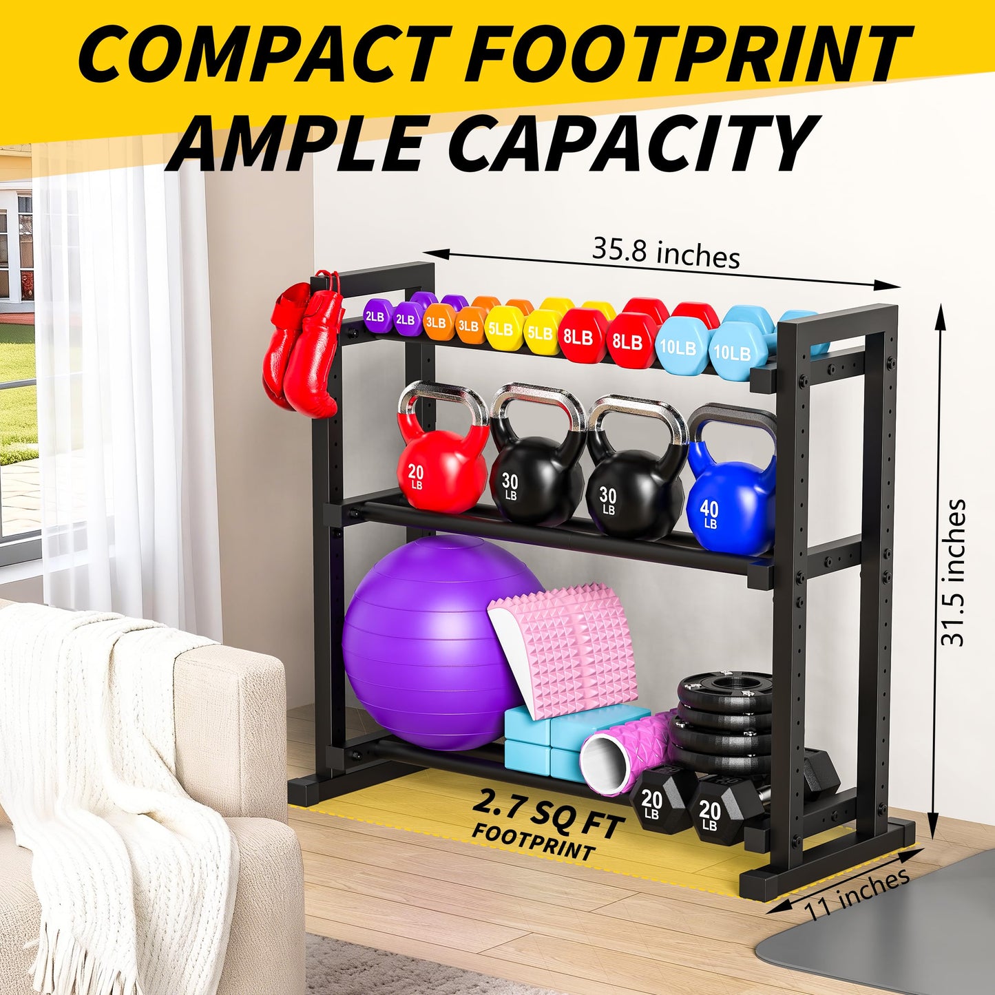 LarFaFa 3-Tier Adjustable Dumbbell Rack, Weight Rack for Home Gym Storage, Heavy Duty Weight Stand for Dumbbells, Kettlebells & Free Weights, Space-Saving Dumbbell Rack Stand Only(Up to 450LB Capacity)