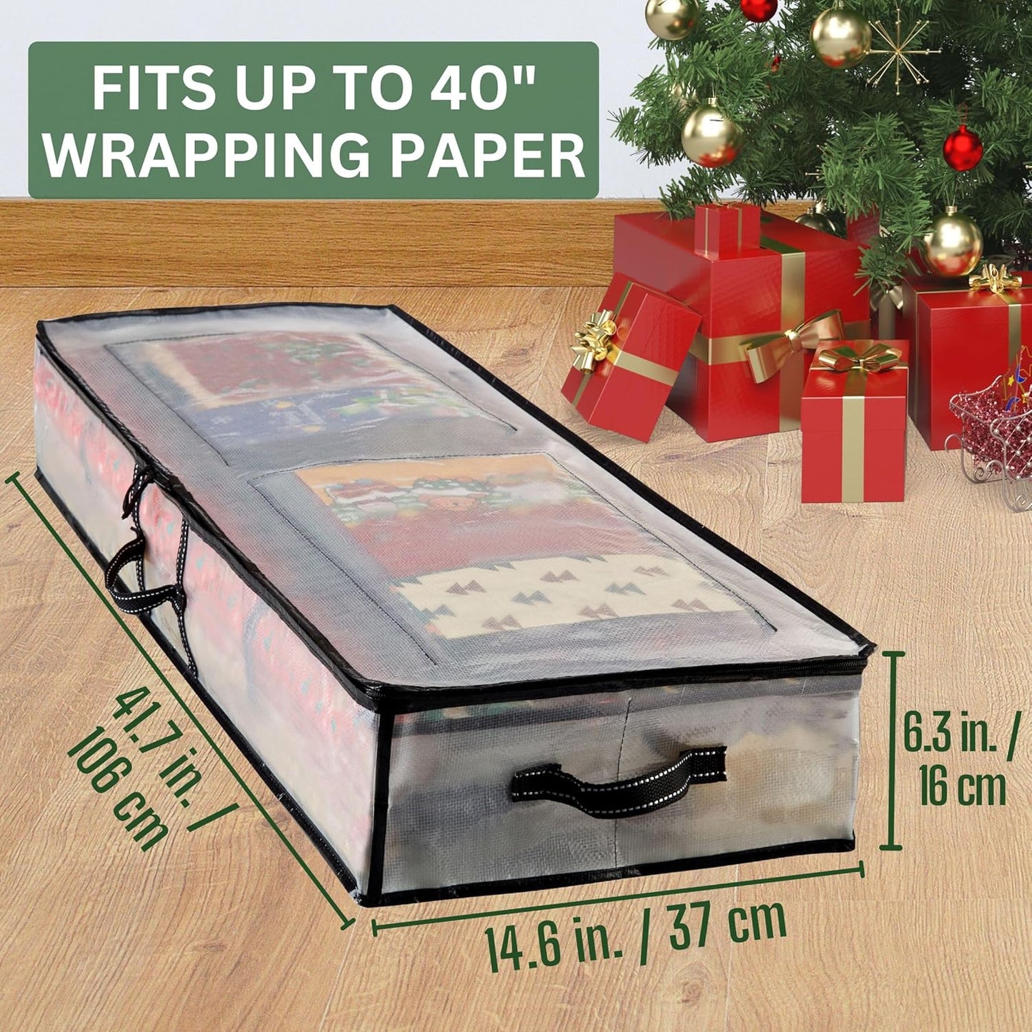 VENO Clear Wrapping Paper Organizer - 40-Inch Storage Box for Christmas Gift Bags & Holiday Accessories