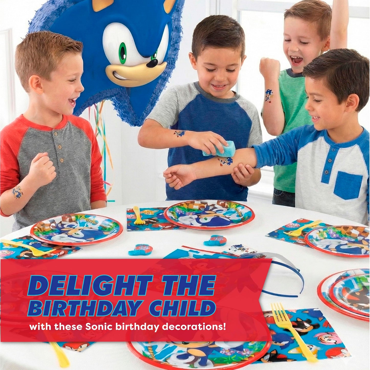 Sonic Birthday Party Decorations | Serves 16 Guests | Masks, Tattoos, Banner, Tablecloth, Plates, Napkins, Sticker | Officially Licensed