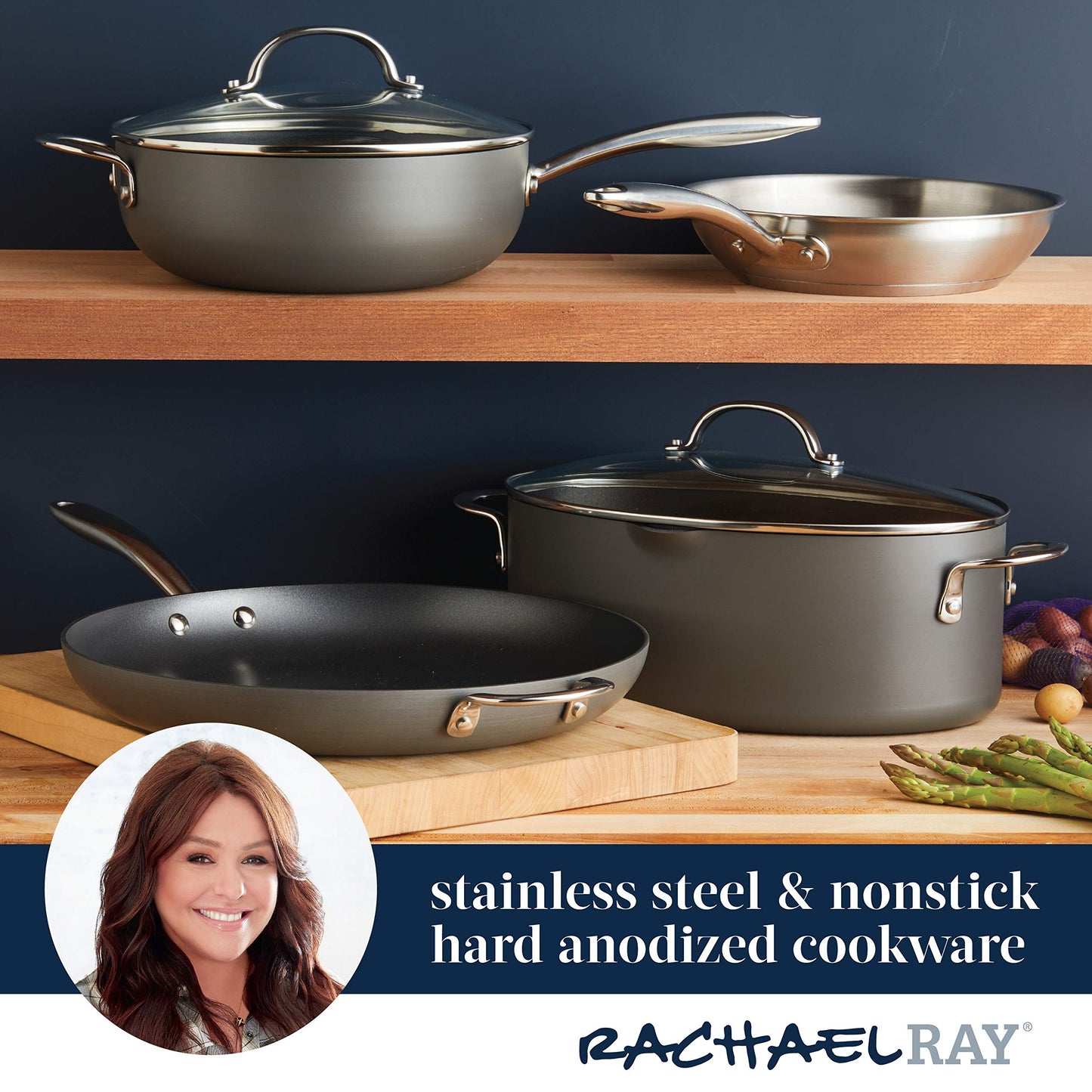Rachael Ray 80090 Professional Hard Anodized Nonstick Cookware Oval Pasta Pot/Braiser, 8 Quart - Gray
