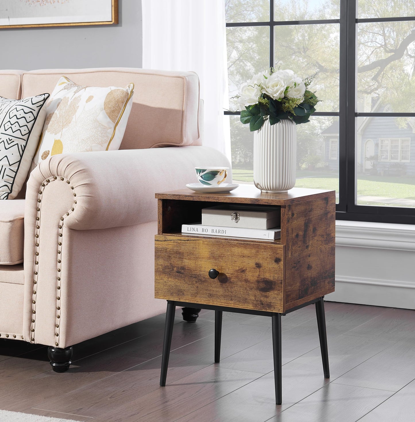 VECELO Modern Night Stand,Square Side Table,End Table with Drawer and Storage Space for Bedroom and Living Room, Bedside Table