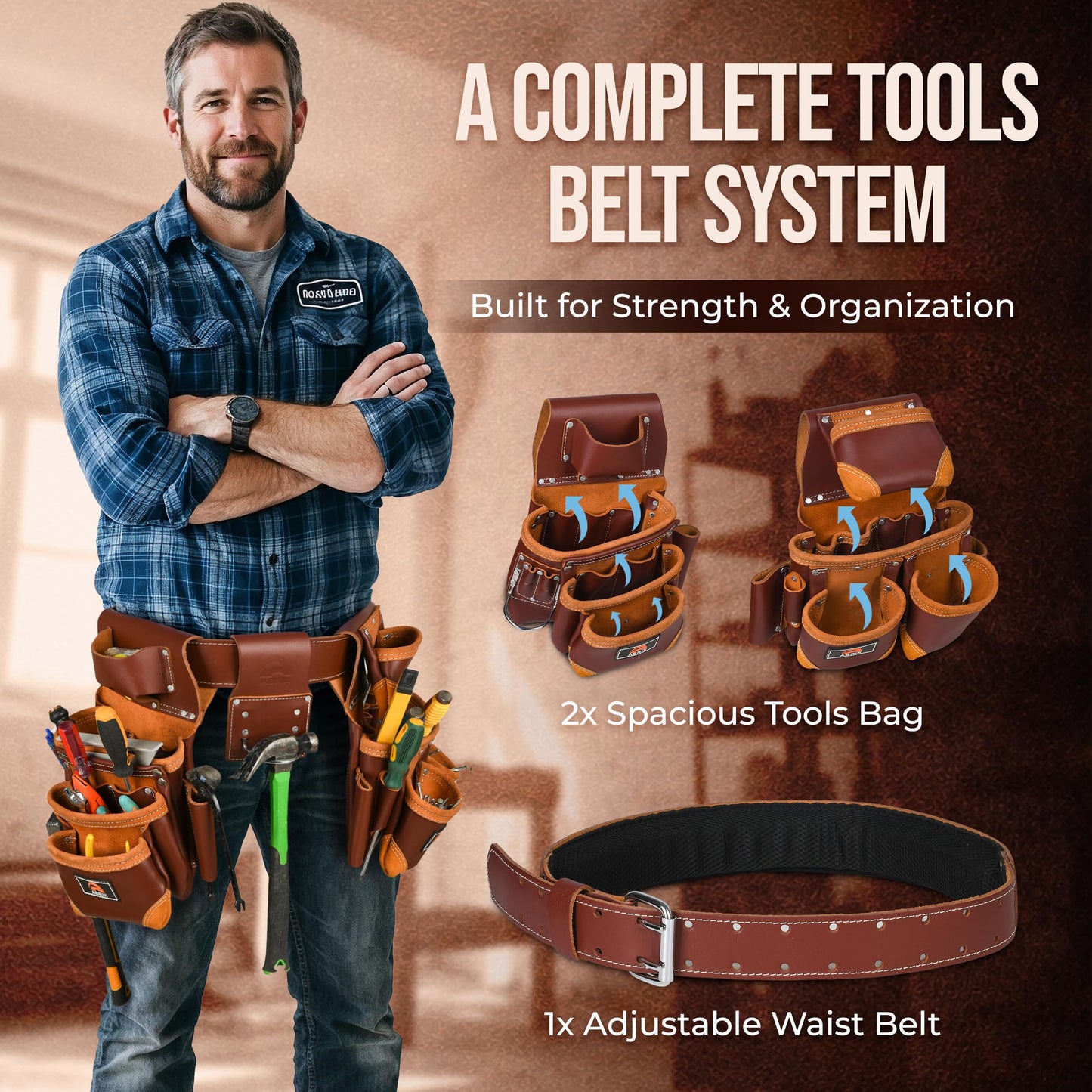 ABRIX Heavy Duty Tool Belt for Men – 4MM Thick Genuine Leather, Brass Buckle & Rivets | Foam Padded Comfort | 28-Pocket Carpenter & Framing Rig | Fits Waist 32 to 52 Inches | Professional Work Belt