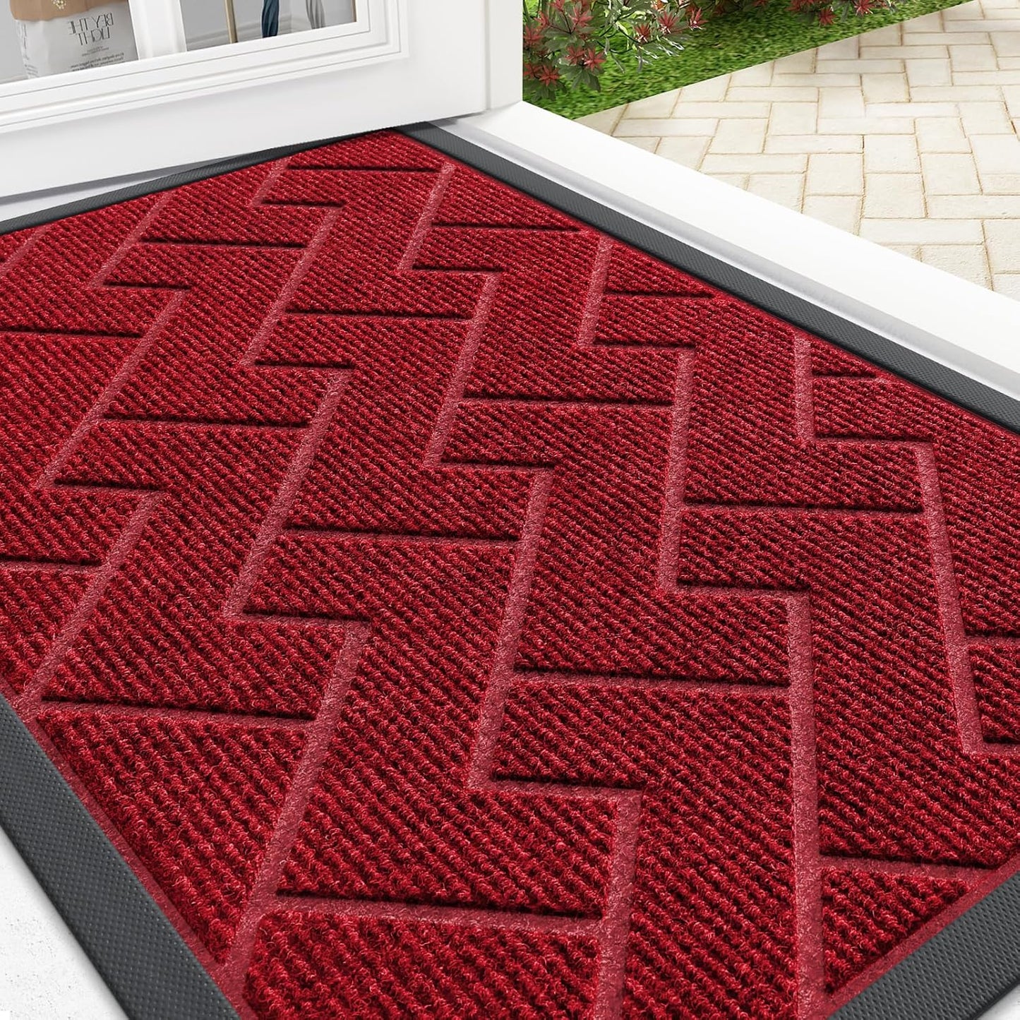 OLANLY Waterproof Front Door Mat - All-Season Herringbone Design, Easy Clean Natural Rubber | Wine Red, 29.5x17