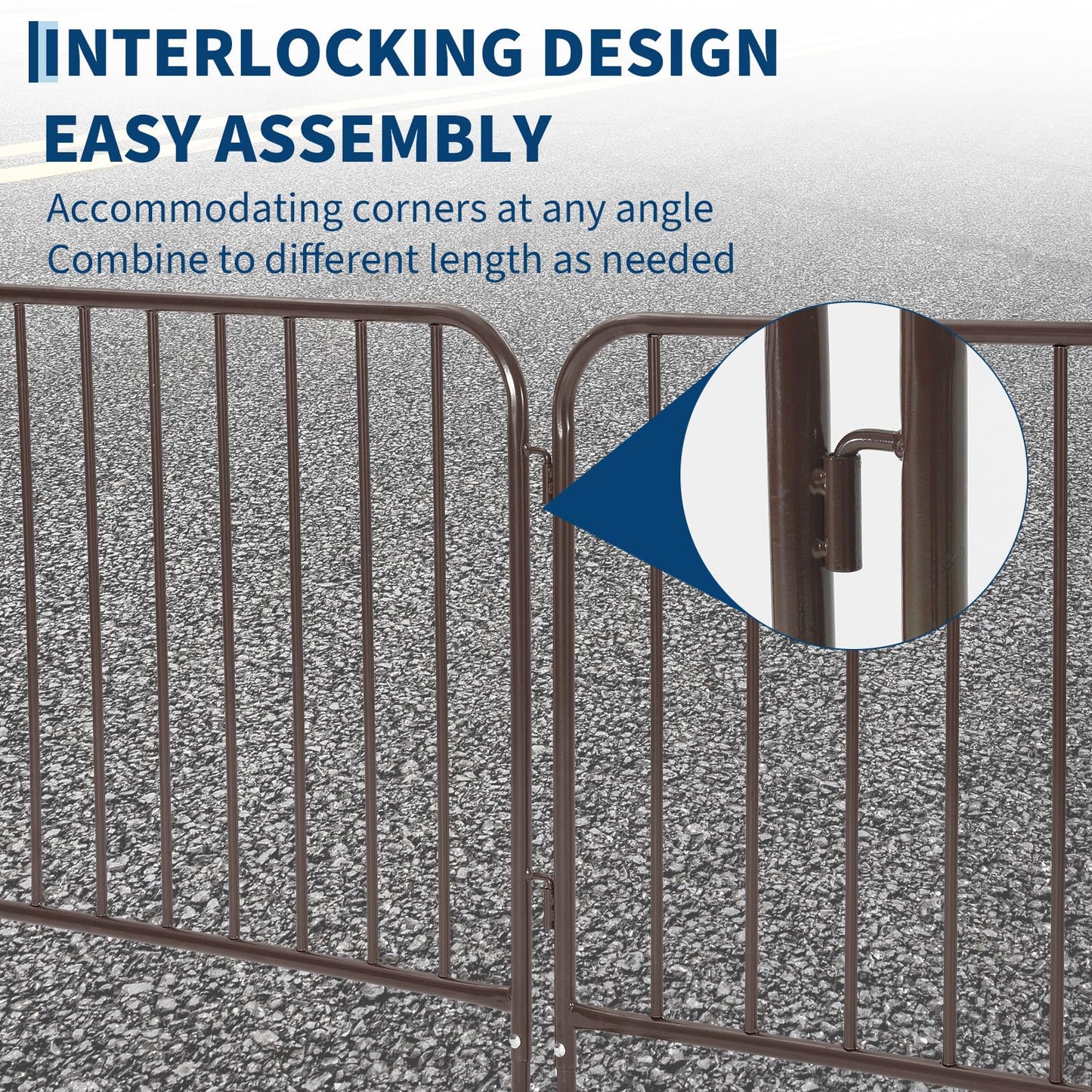 Heavy Duty Interlinked Steel Crowd Control Barricade – Removable Flat Feet, Durable Powder-Coated, Weather Resistant Safety Barrier for Events, Construction, Parking, Pedestrian Zones – 8.5FT, Brown