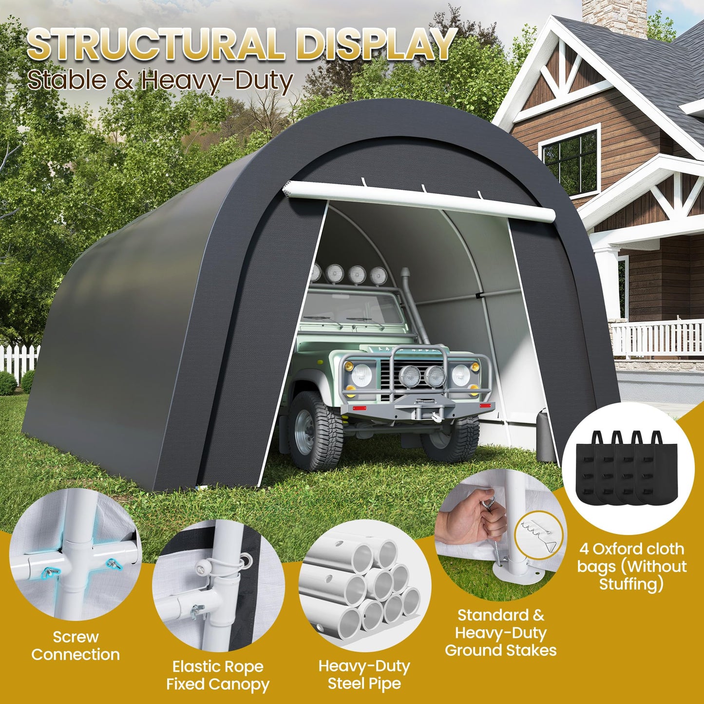 Kiss the Water Heavy Duty Domed Carport with 4 Cloth Bags and 2 Roll-up Doors, Portable Garage Storage Shelter Shed for Cars, Truck, or Garden Tools, 13' x 20'